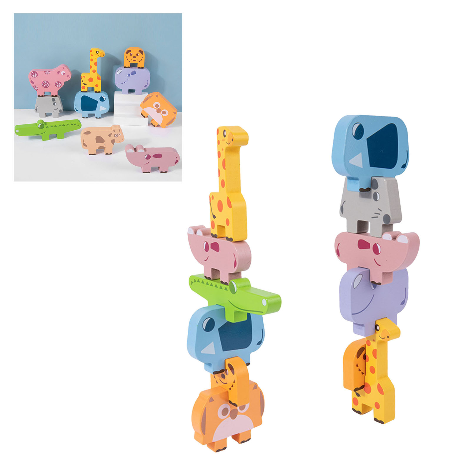 Stapelbare Holztiere. Giraffe, Nilpferd, Krokodil und andere in verschiedenen Farben sind gestapelt.
