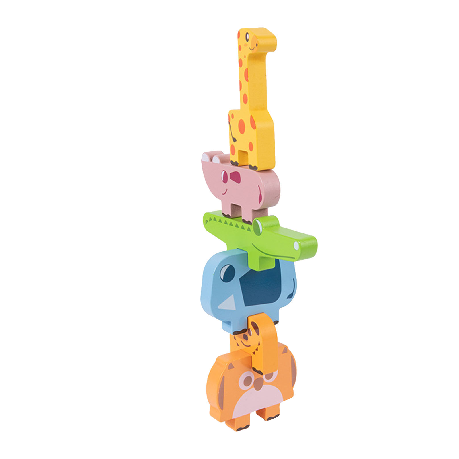 Holzspielzeug zum Stapeln von Tieren. Enthält eine Giraffe, ein Nilpferd, ein Krokodil, einen Elefanten und einen Fuchs.
