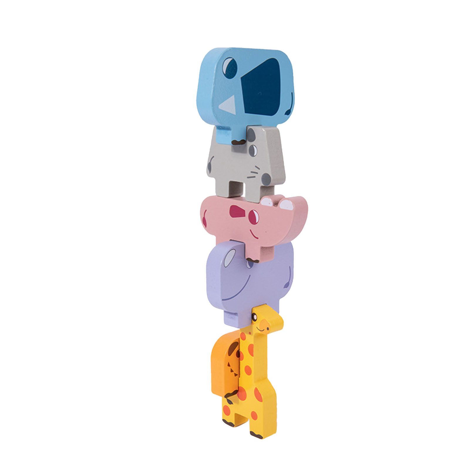 Gestapelte Holztiere: blaues Nashorn, graue Maus, rosa Nilpferd, lila Elefant und gelbe Giraffe.