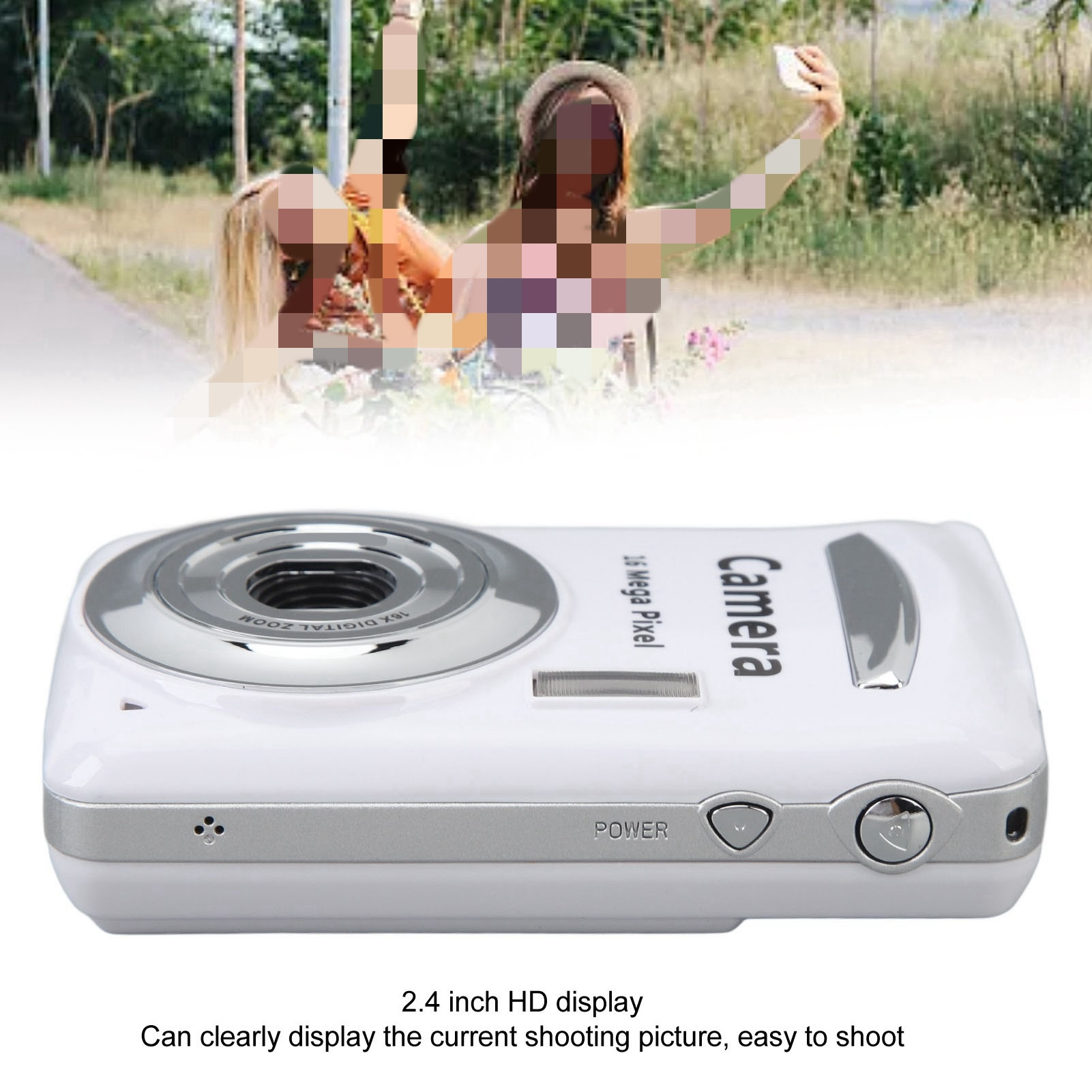 Eine weiße Kamera mit zwei verschwommenen Personen im Hintergrund, 2,4-Zoll-Display.