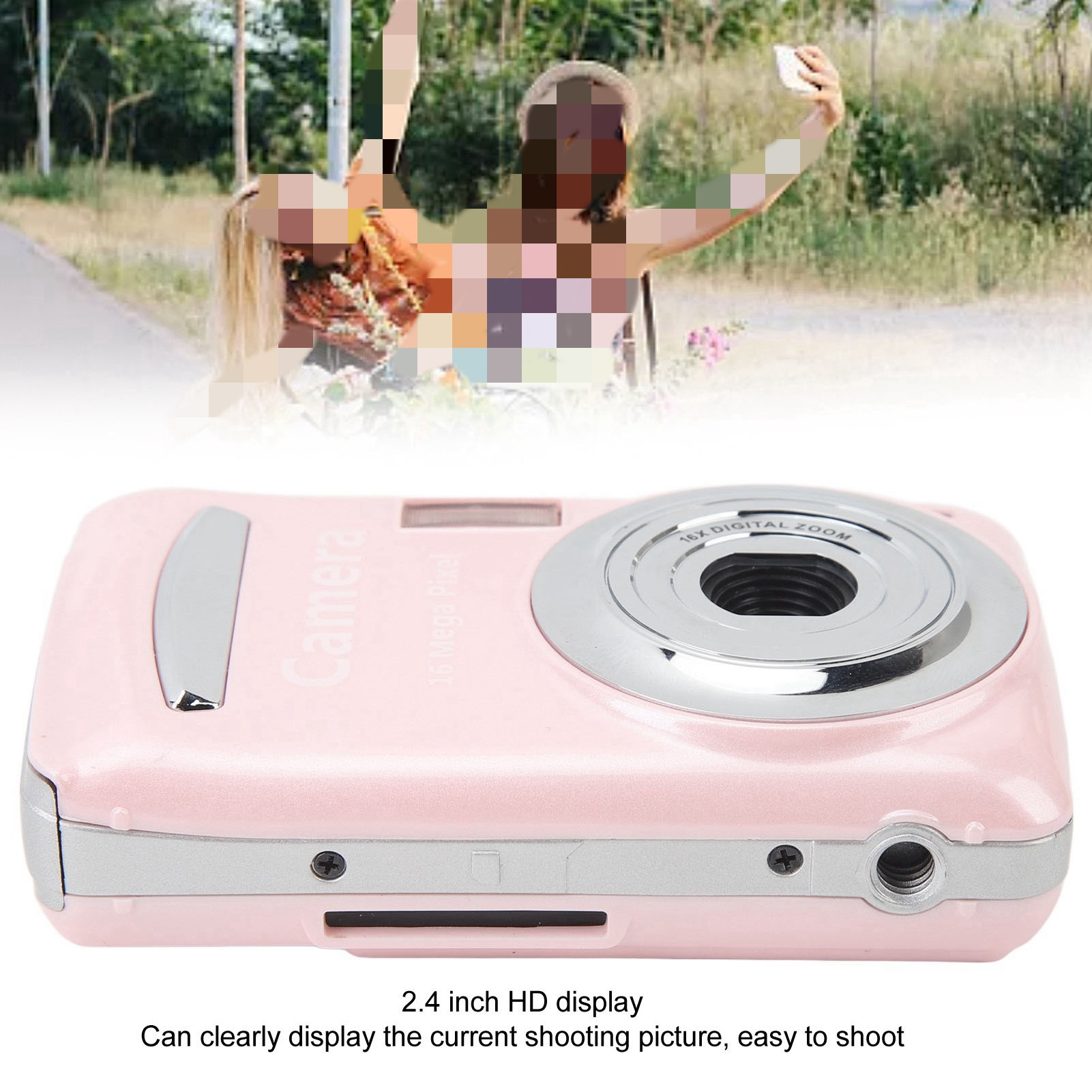 Rosa Digitalkamera. Verschwommene Personen im Hintergrund. Kamera hat Zoom und Display.