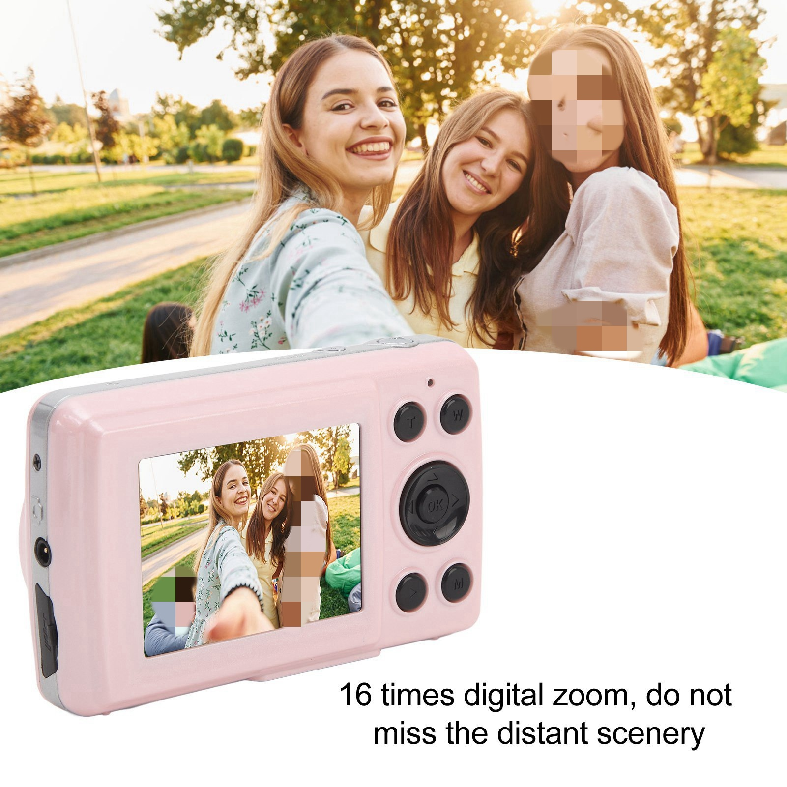 Rosa Digitalkamera zeigt ein Foto von drei lächelnden Frauen. Text, der die Zoomfunktion angibt.