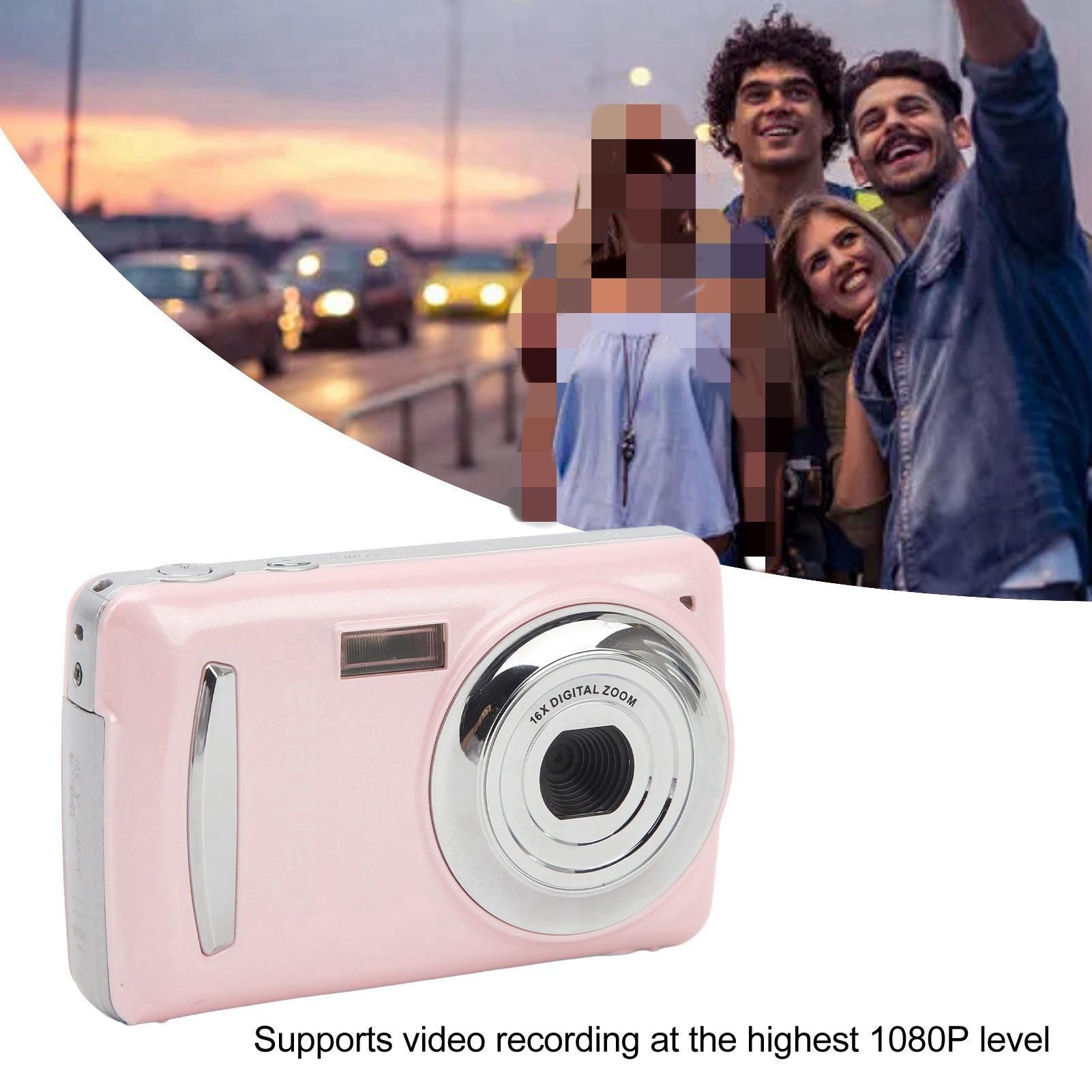 Pinke Digitalkamera mit silbernen Akzenten. Leute machen Selfie im Hintergrund.