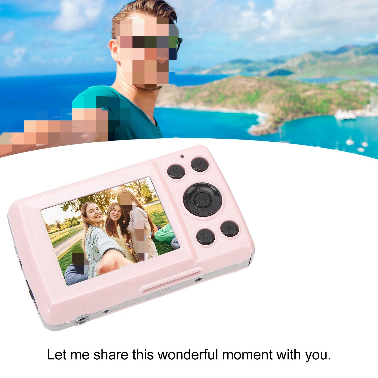 Eine rosa Digitalkamera, die ein Foto zeigt, gehalten von einer Person mit verschwommenem Gesicht, landschaftlicher Hintergrund.