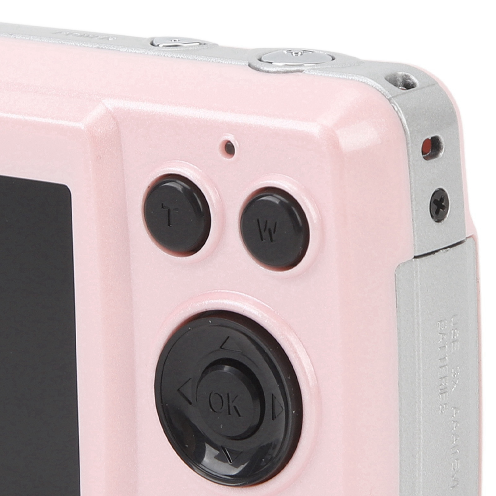 Eine pinkfarbene Digitalkamera, Nahaufnahme. Tasten sind mit 'T', 'W' und 'OK' beschriftet. Die Kamera ist scharf.