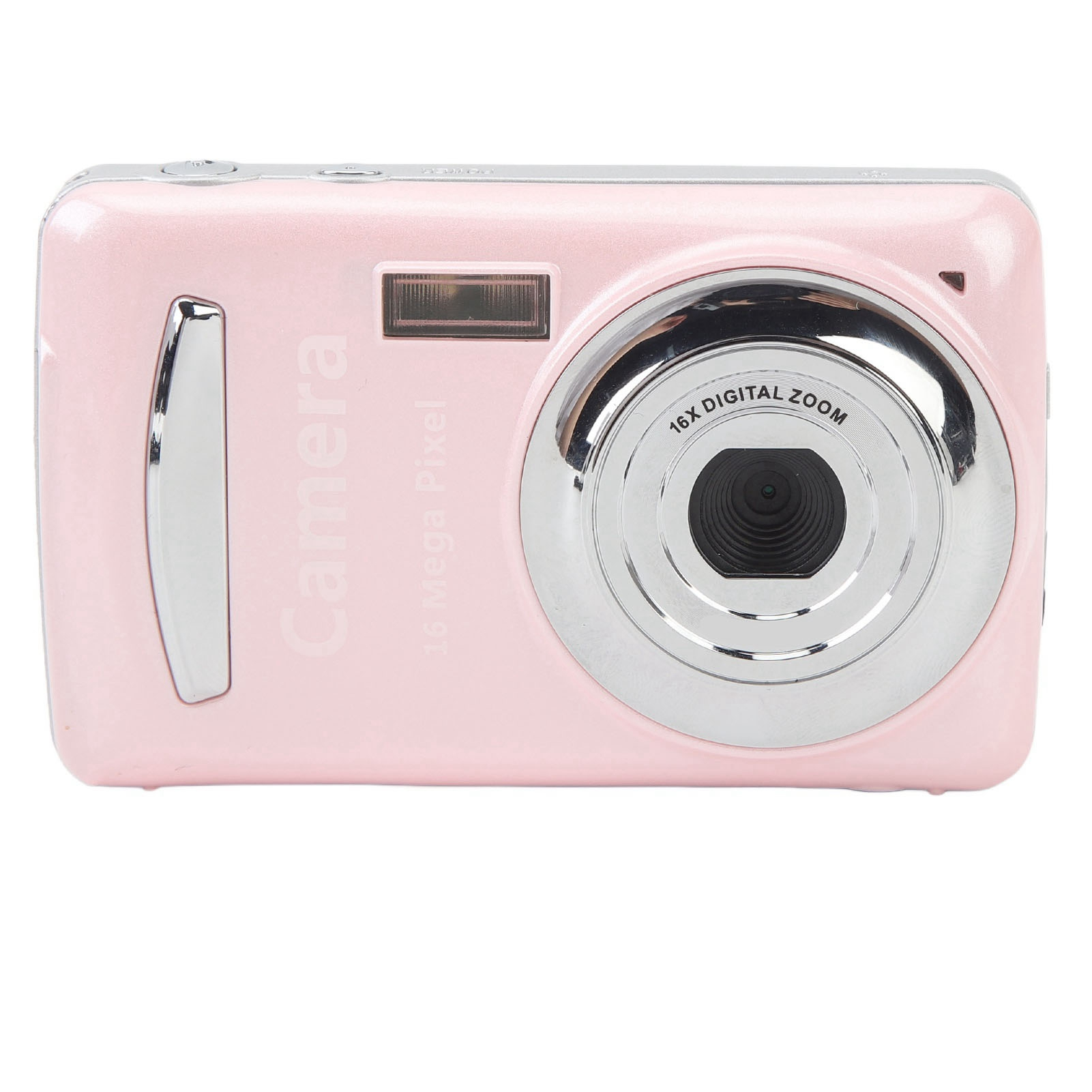 Rosa Digitalkamera mit silbernem Objektiv und Akzenten. Sie hat einen Blitz und das Wort 'Camera' darauf gedruckt.