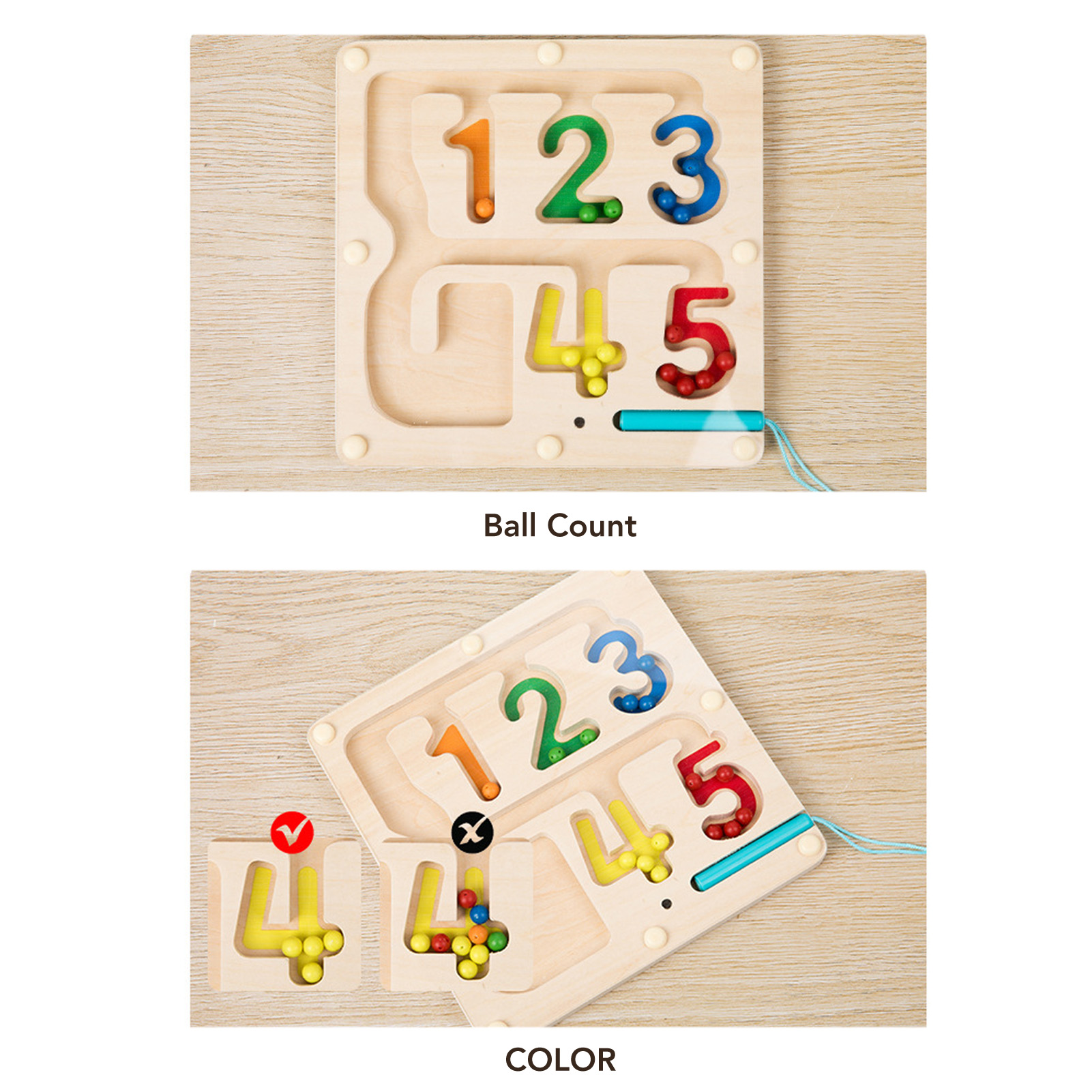 Holzzählspielzeug mit farbigen Kugeln. Die Zahlen 1-5 werden angezeigt. Heller Hintergrund.