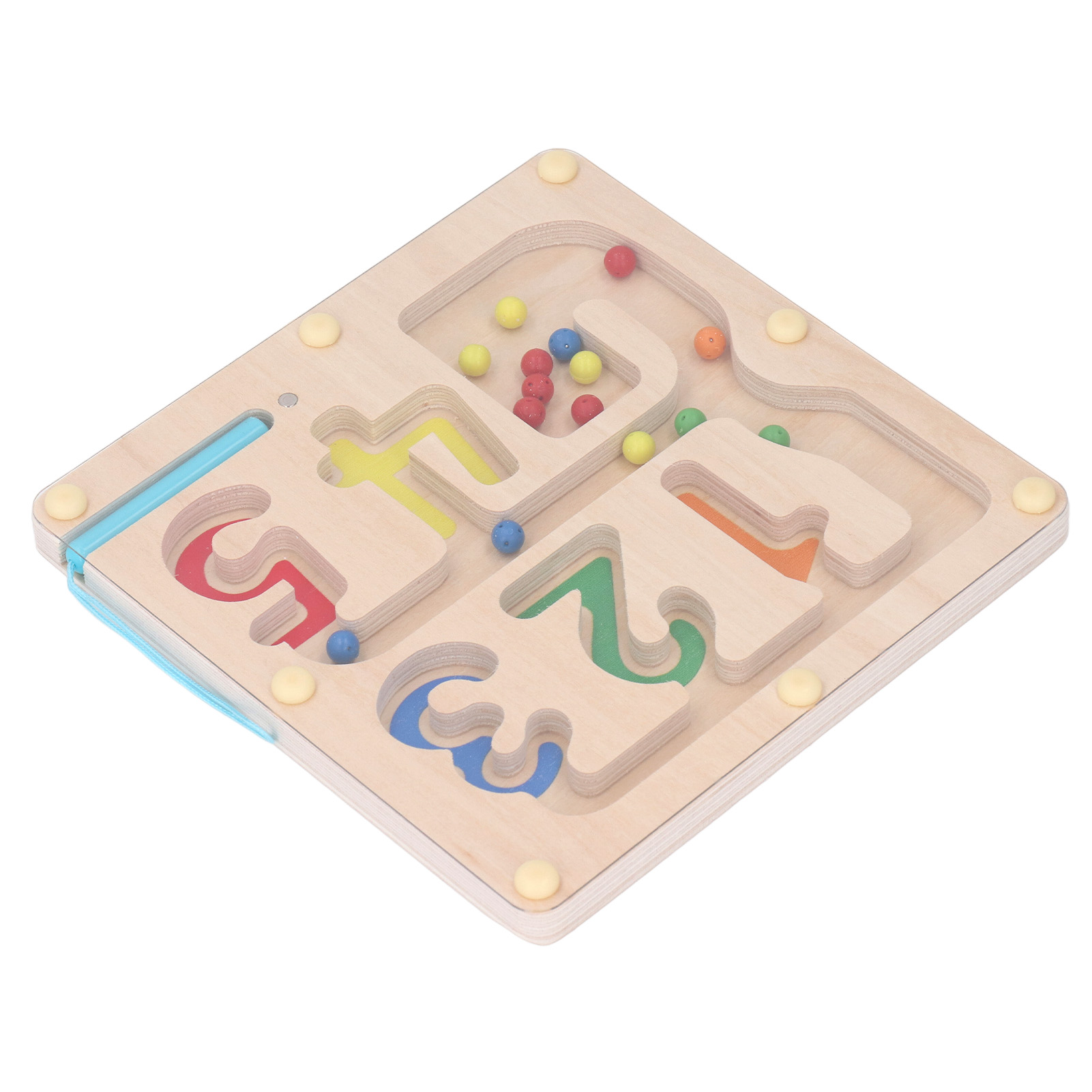 Holz-Labyrinthspiel mit bunten Kugeln und nummerierten Wegen. Für Kinder.