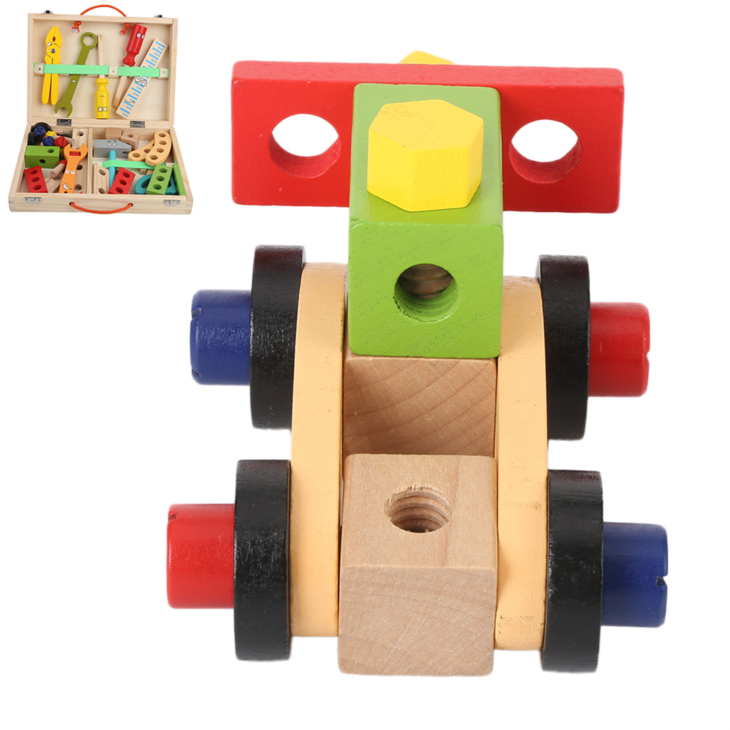Holzspielzeug-Bausatz mit bunten Blöcken, Schrauben und Werkzeugen.