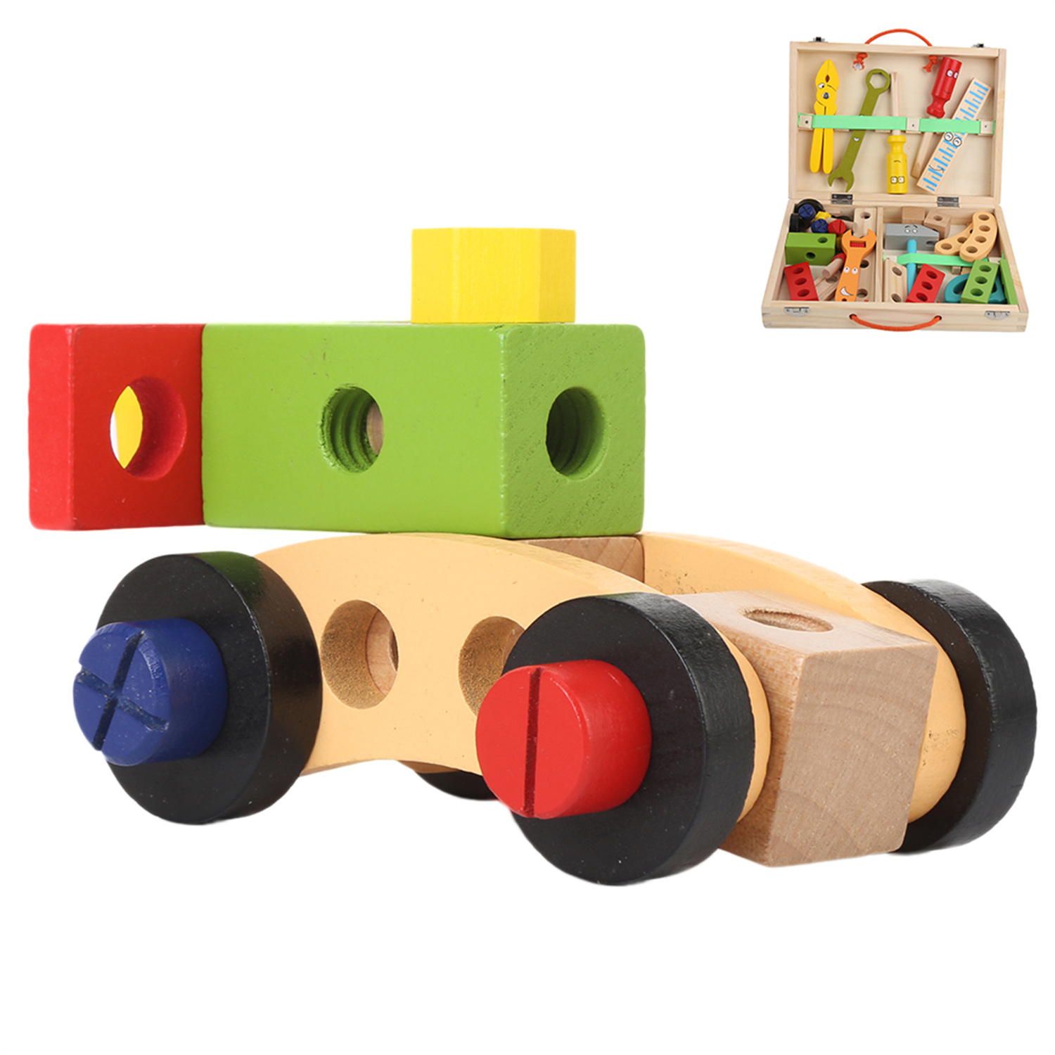 Holzspielzeugauto mit roten, grünen und gelben Blöcken. Werkzeugkasten mit bunten Werkzeugen im Hintergrund.