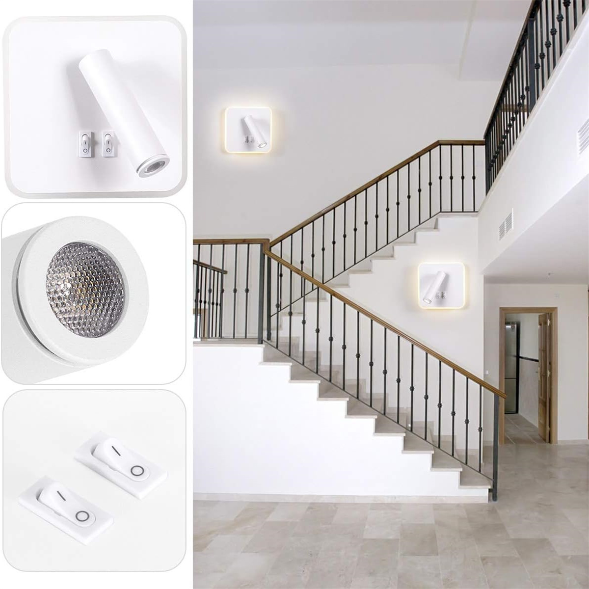 Eine Treppe mit weißen Wänden, Lichtern und Schaltern, mit Nahaufnahmen der Lichter.