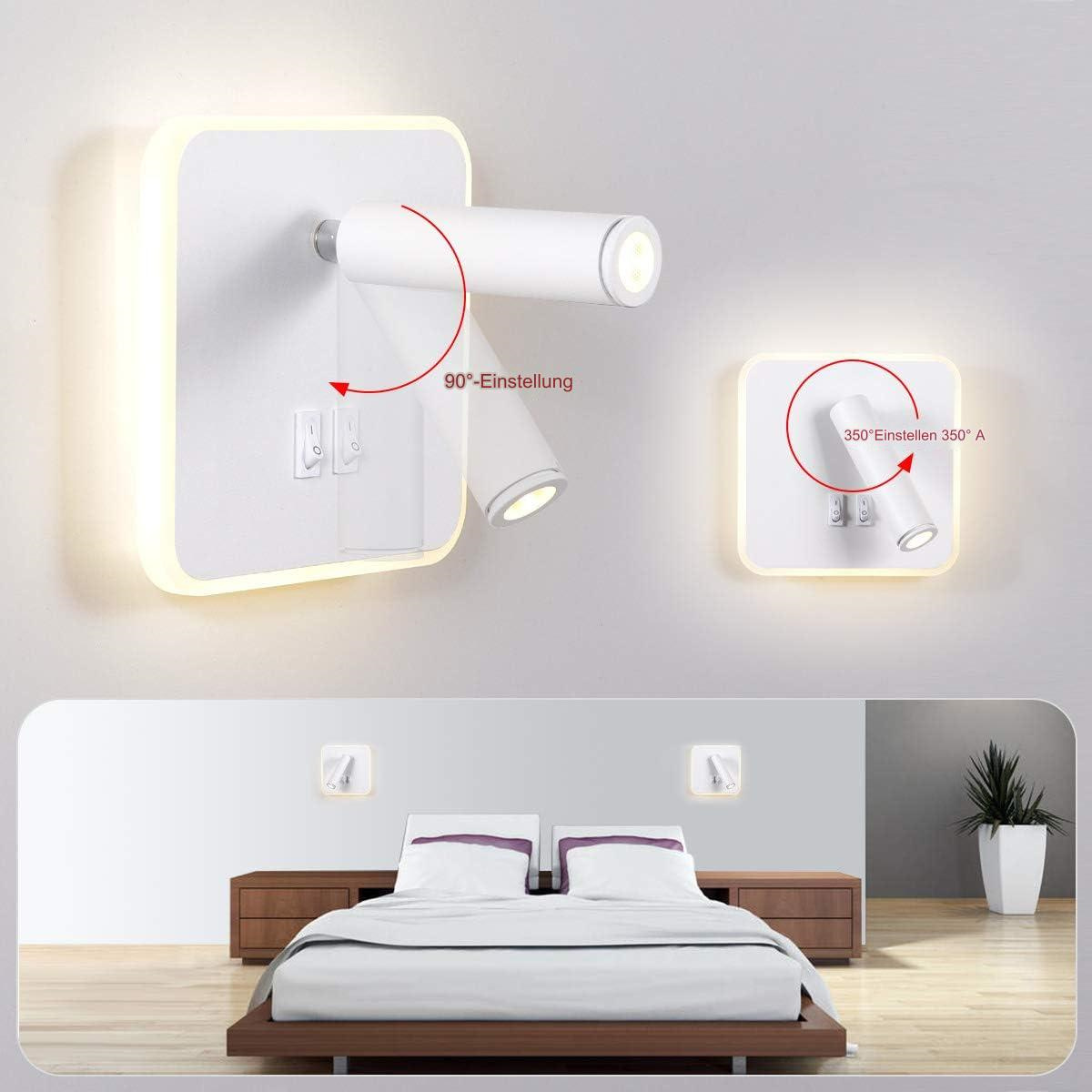 Zwei weiße Wandlampen, eine mit 90° Winkel, die andere mit 350°. Ein Bett im Hintergrund.