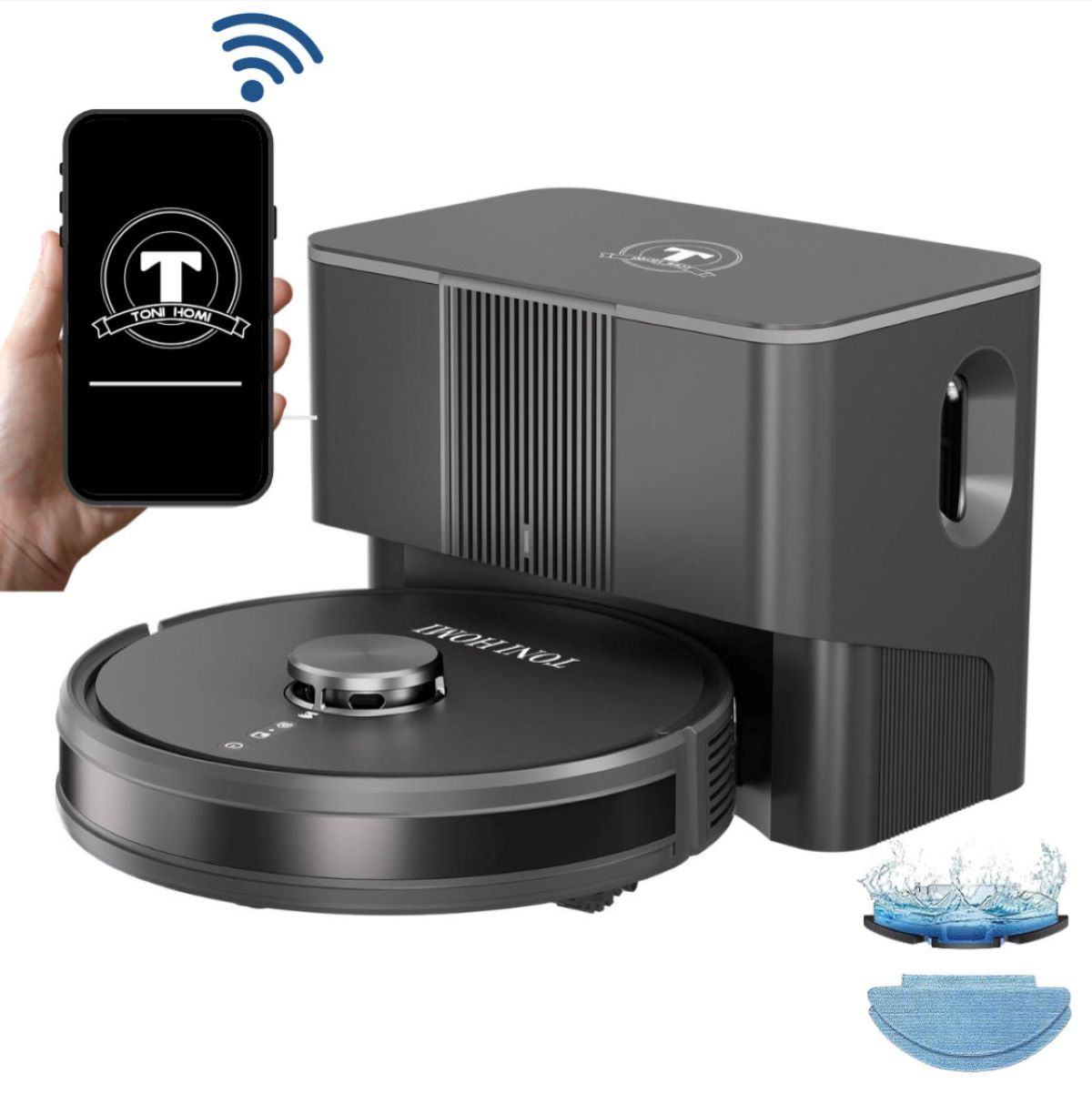 Ein schwarzer Roboter-Staubsauger und seine Ladestation, mit Telefon, das App zeigt.