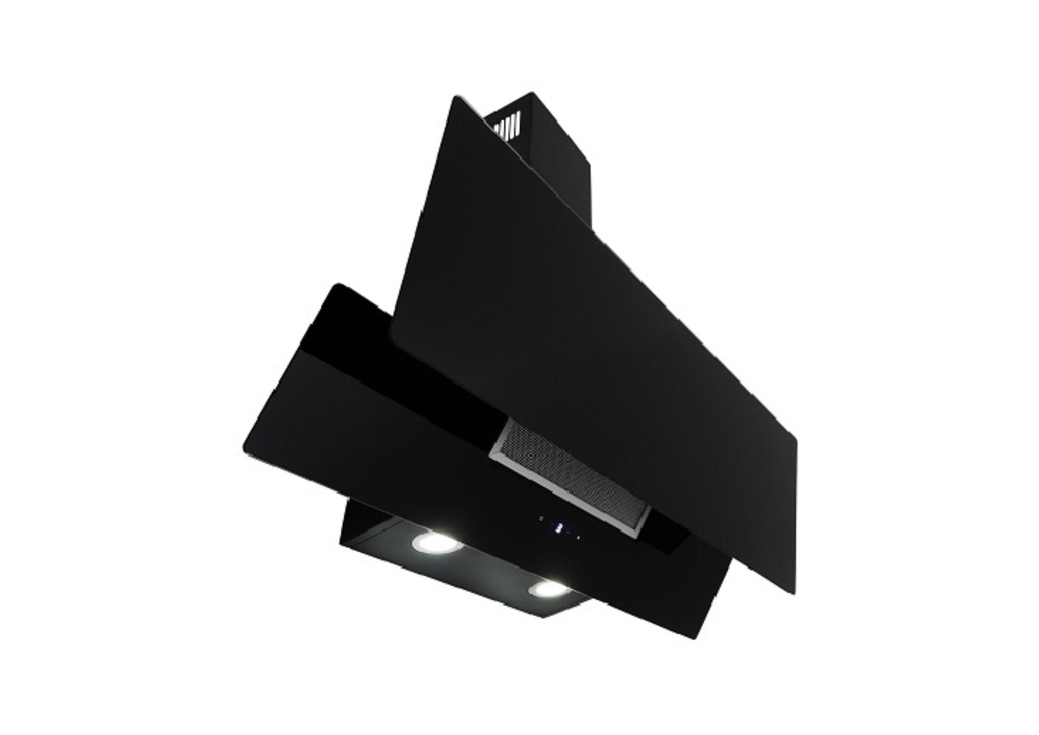 Zwarte afzuigkap met twee lampen en een metalen filter, schuine weergave.