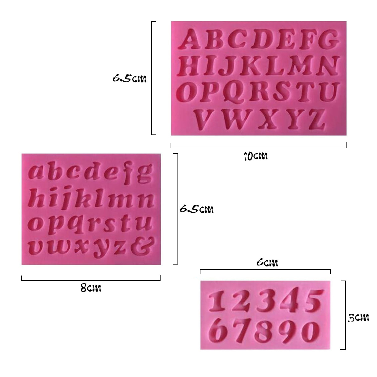 Rosa Silikonformen mit Buchstaben und Zahlen. Abmessungen in cm: 10x6,5, 8x6,5 und 6x3.