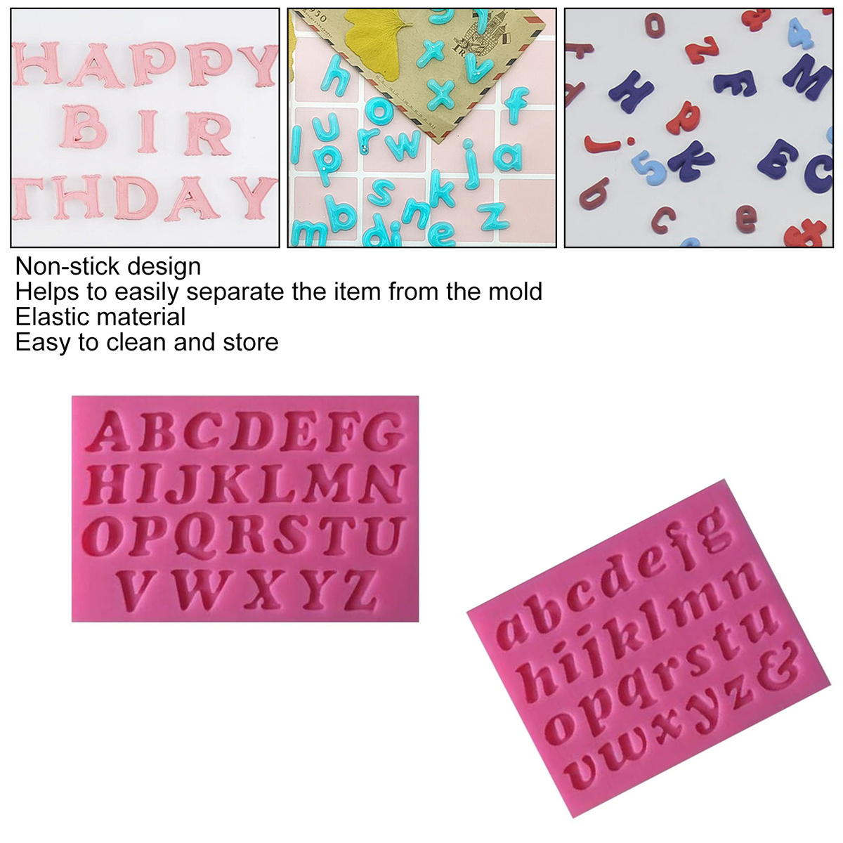Formen mit Buchstaben und den Worten 'HAPPY BIRTHDAY'. Rosa und hellblaue Farben.