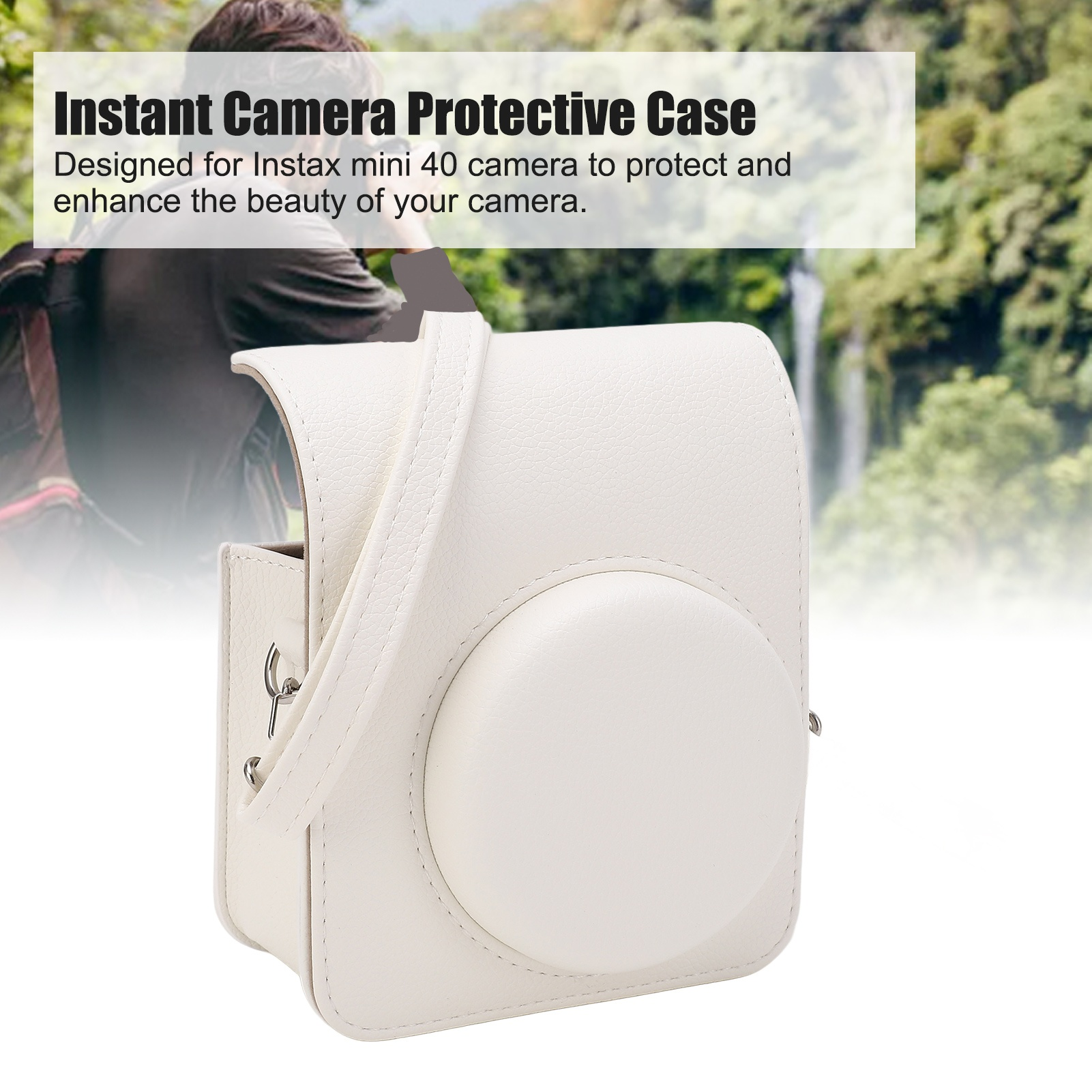 Weiße Kameratasche mit Riemen. Die Tasche ist rund, Text sagt 'Instant Camera Protective Case'.