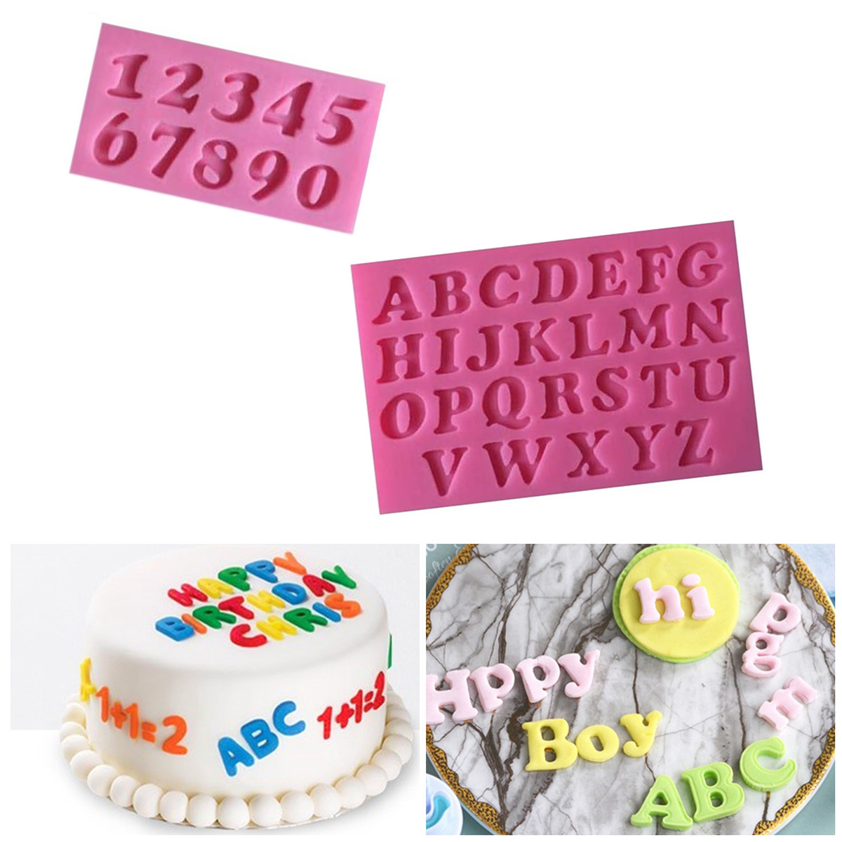 Rosa Formen mit Zahlen und Buchstaben. Ein Kuchen mit Buchstaben und Zahlen darauf.