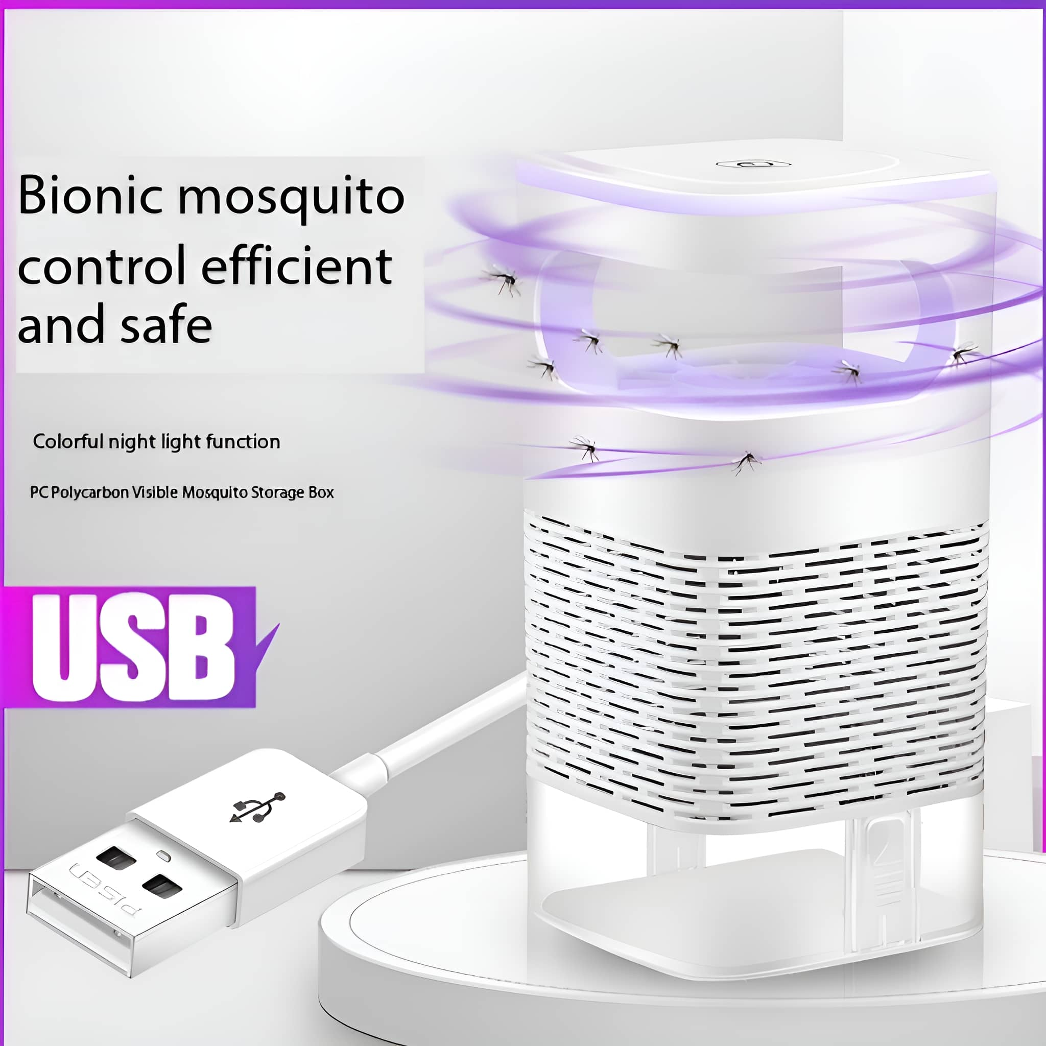 Weißer, würfelförmiger Moskitofänger mit USB-Kabel. Text: 'Bionische Mückenbekämpfung, effizient und sicher'.