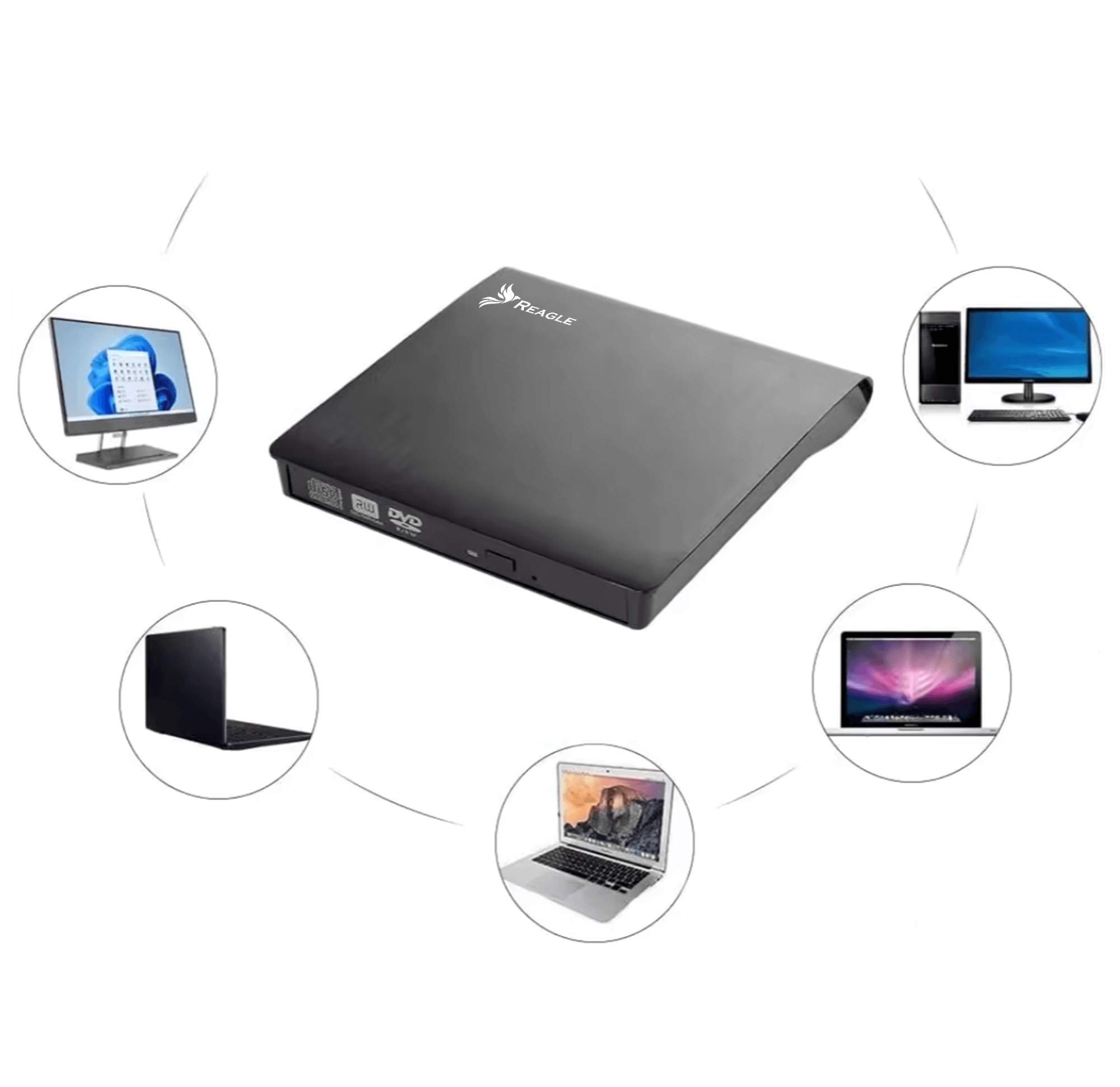 Czarny napęd DVD otoczony komputerami i laptopami.