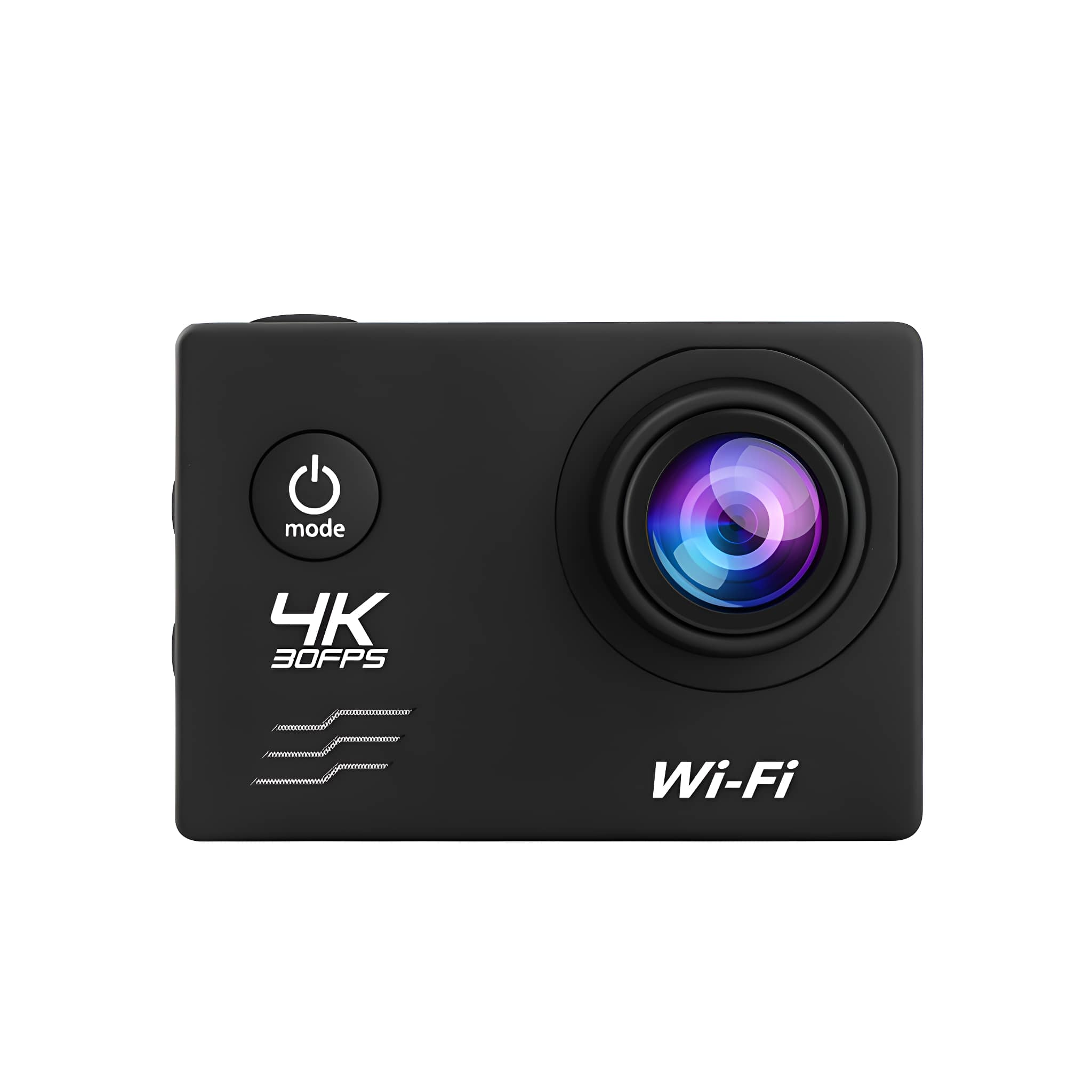 Schwarze Action-Kamera mit Objektiv und Knöpfen. Sie zeigt 4K 30fps und Wi-Fi. Weißer Hintergrund.