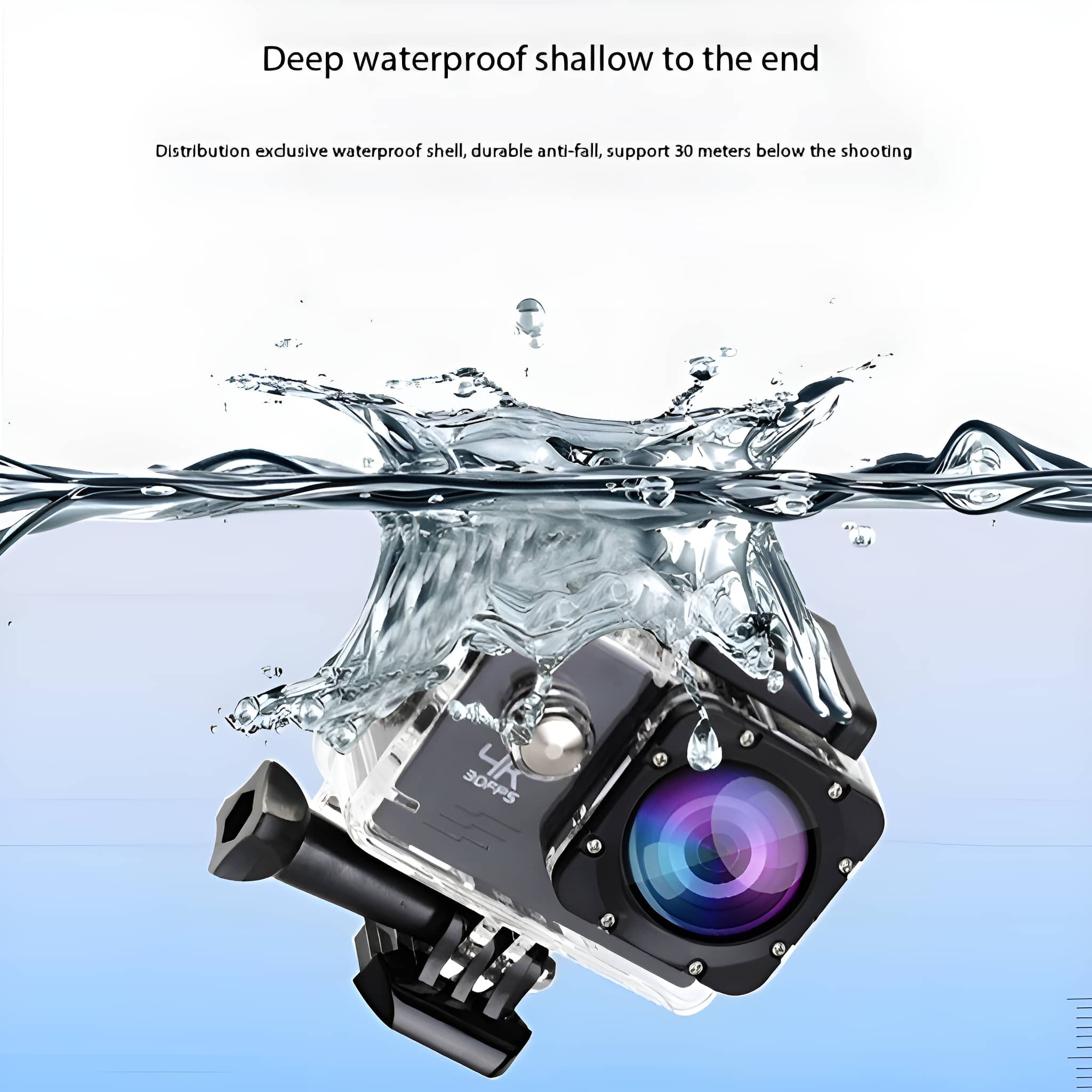 Eine schwarze Action-Kamera unter Wasser, die ihr wasserdichtes Gehäuse zeigt, mit montierter Halterung.
