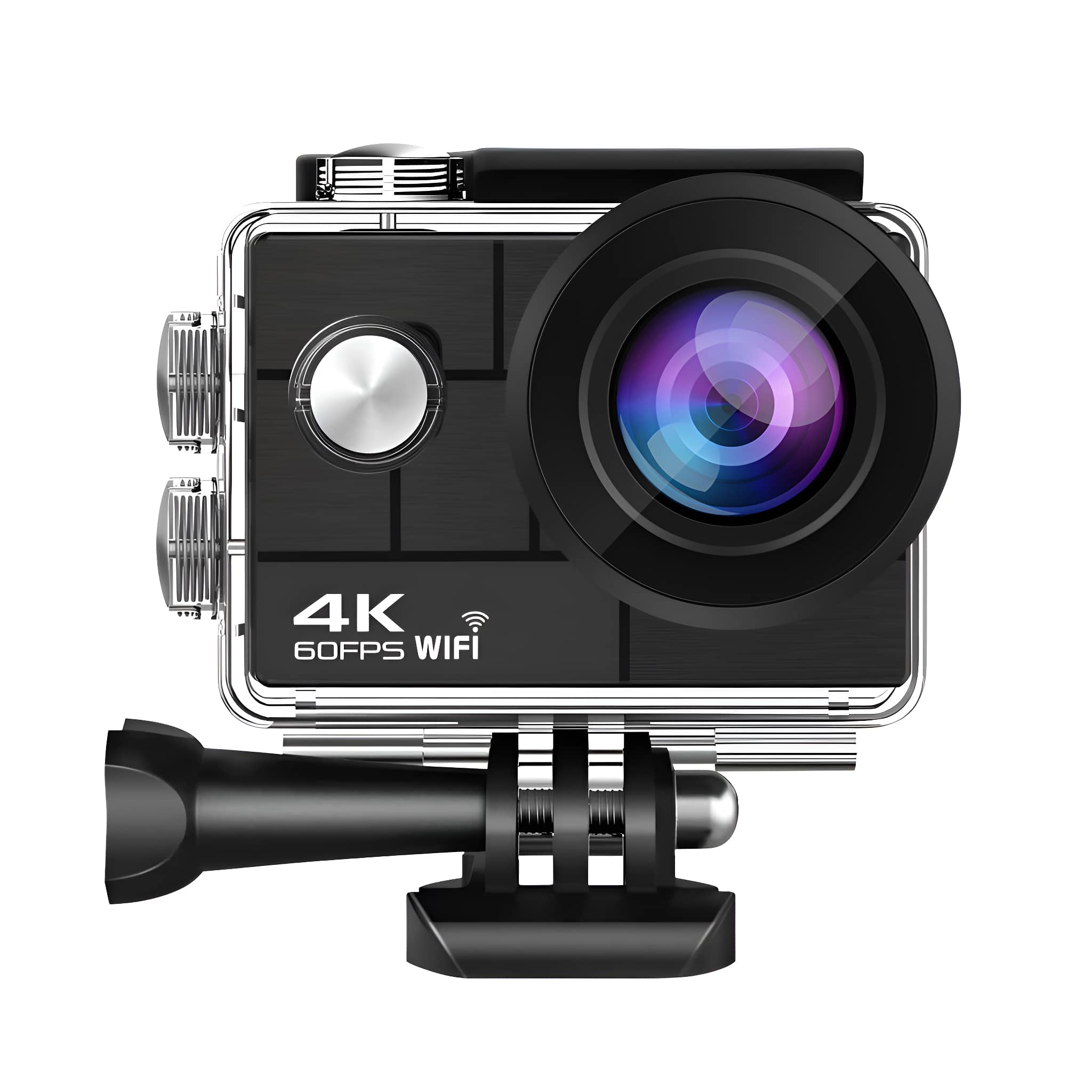 Schwarze Action-Kamera mit Objektiv, Tasten und Halterung. Zeigt 4K 60FPS WIFI.