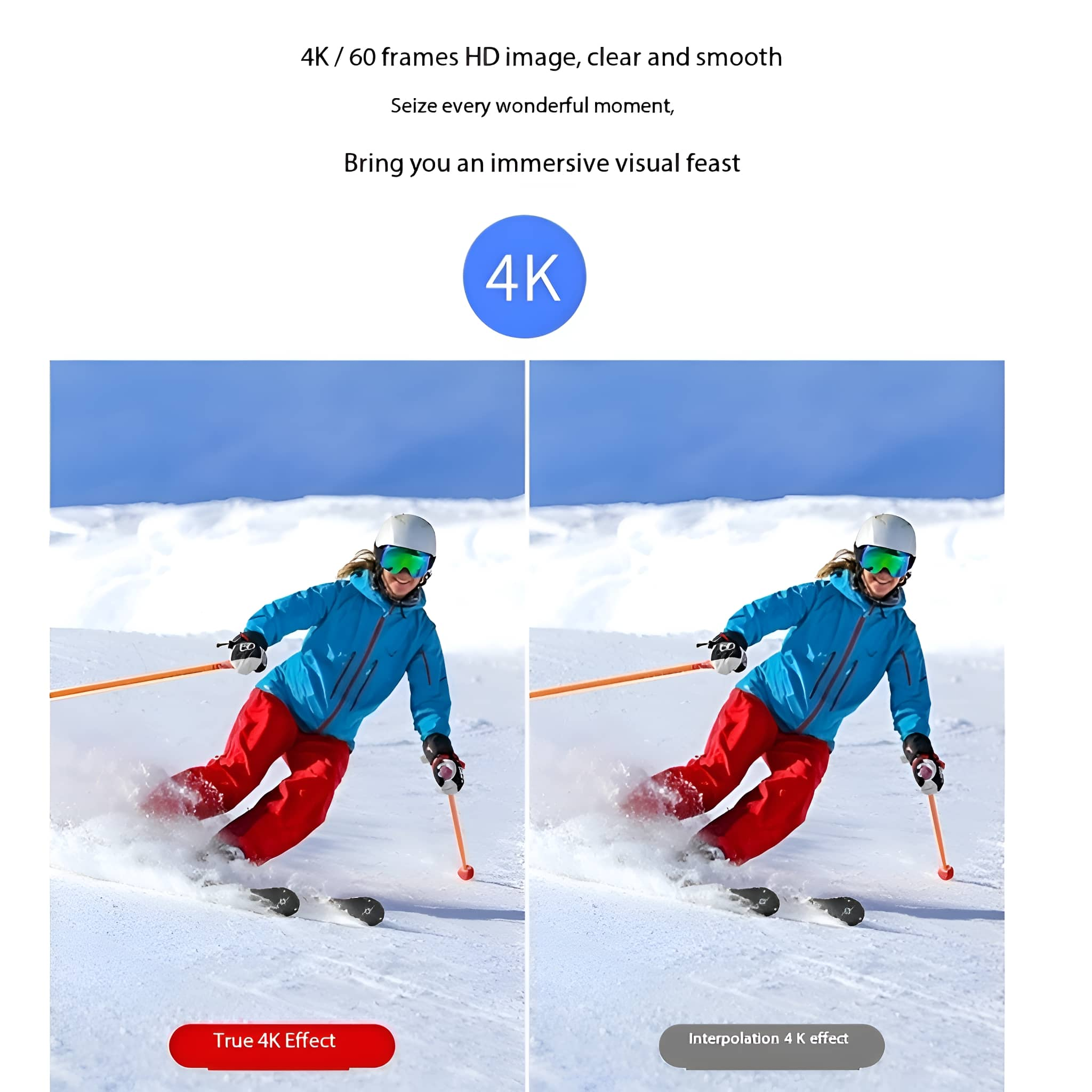 Zwei Skifahrer auf einer verschneiten Piste, die 4K-Bildqualität mit Effekten zeigen.