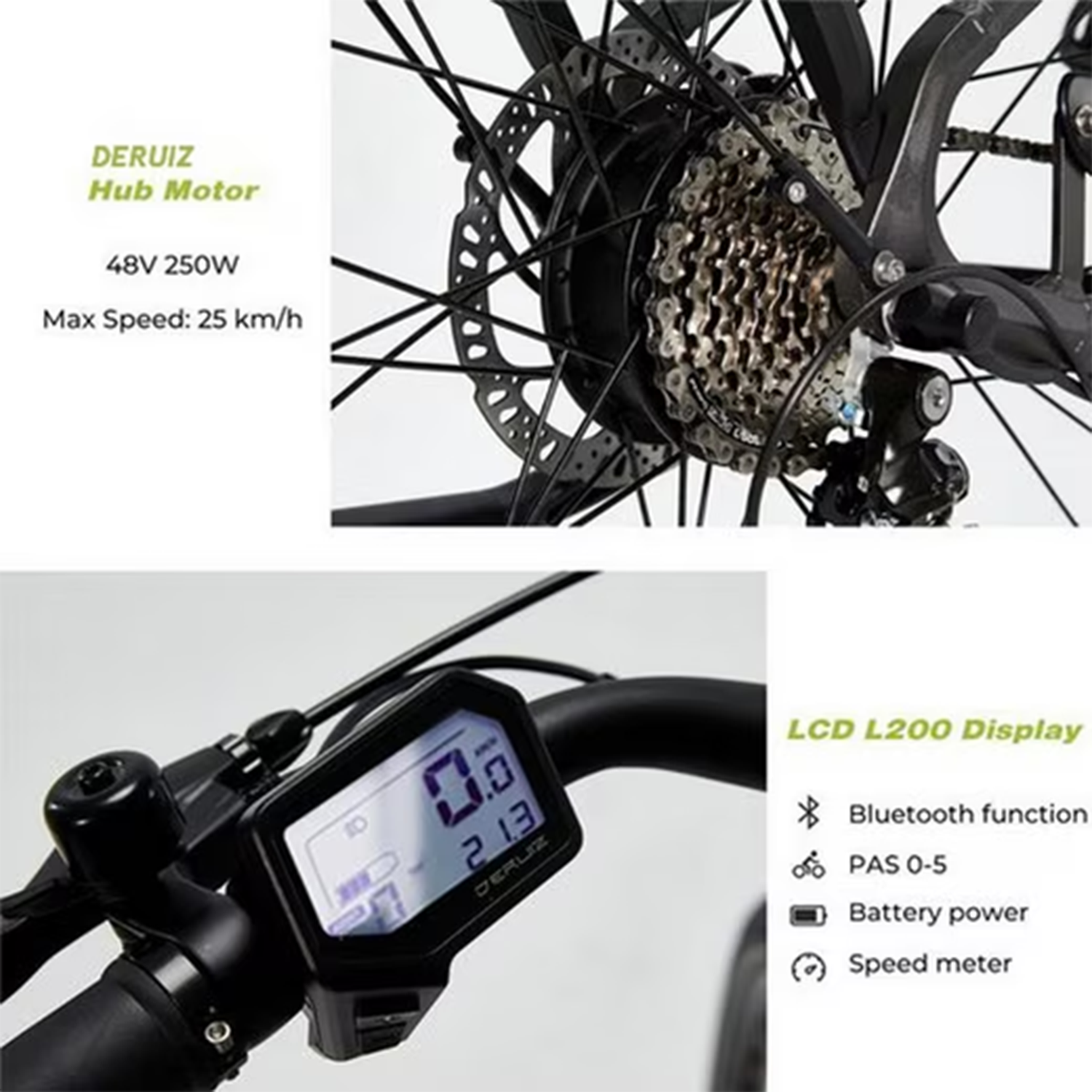 Nahaufnahme von Fahrradkomponenten. Das Fahrrad umfasst ein Hinterrad, Kette und Display mit Infos.
