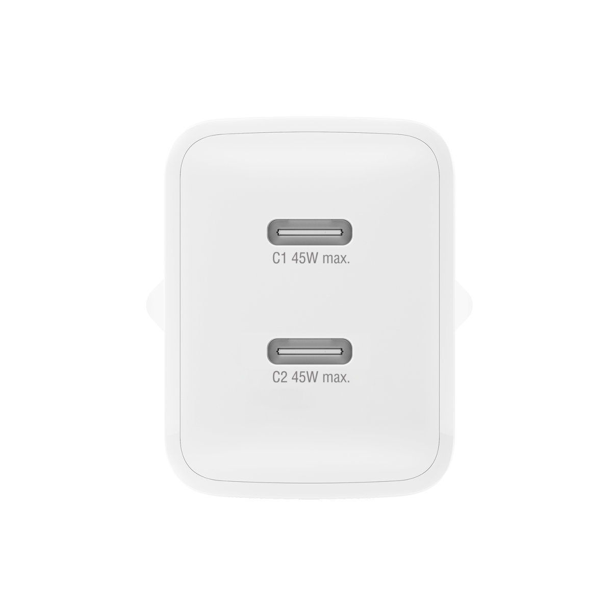 Weißes Ladegerät mit zwei USB-C-Anschlüssen. Textkennzeichnungen zeigen die Leistung an.