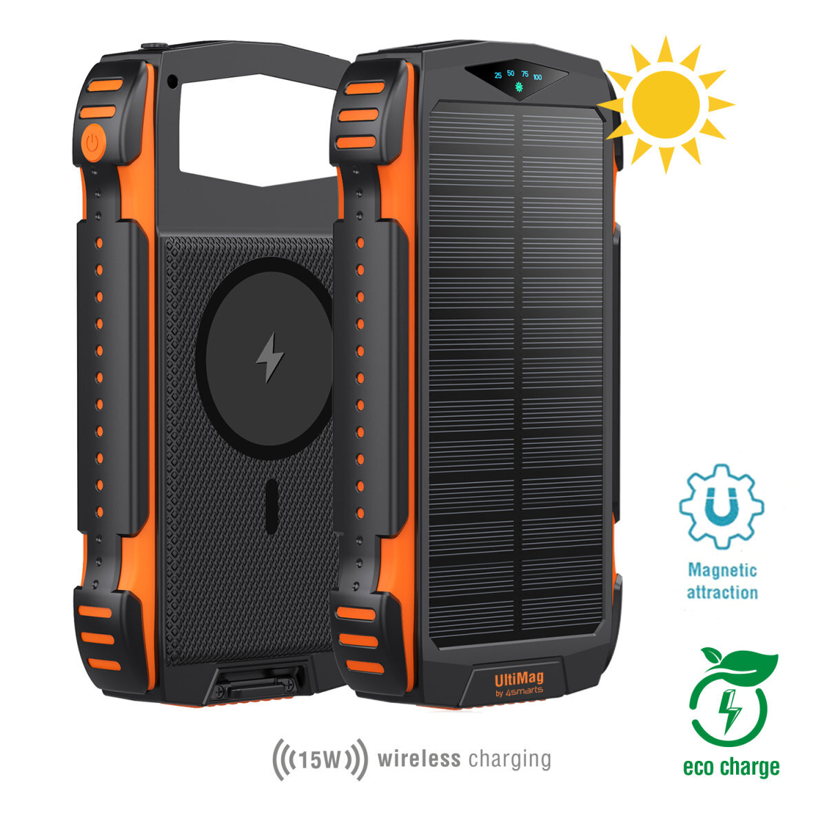 Schwarze und orange tragbare Powerbank mit Solarpanel und kabellosem Laden.