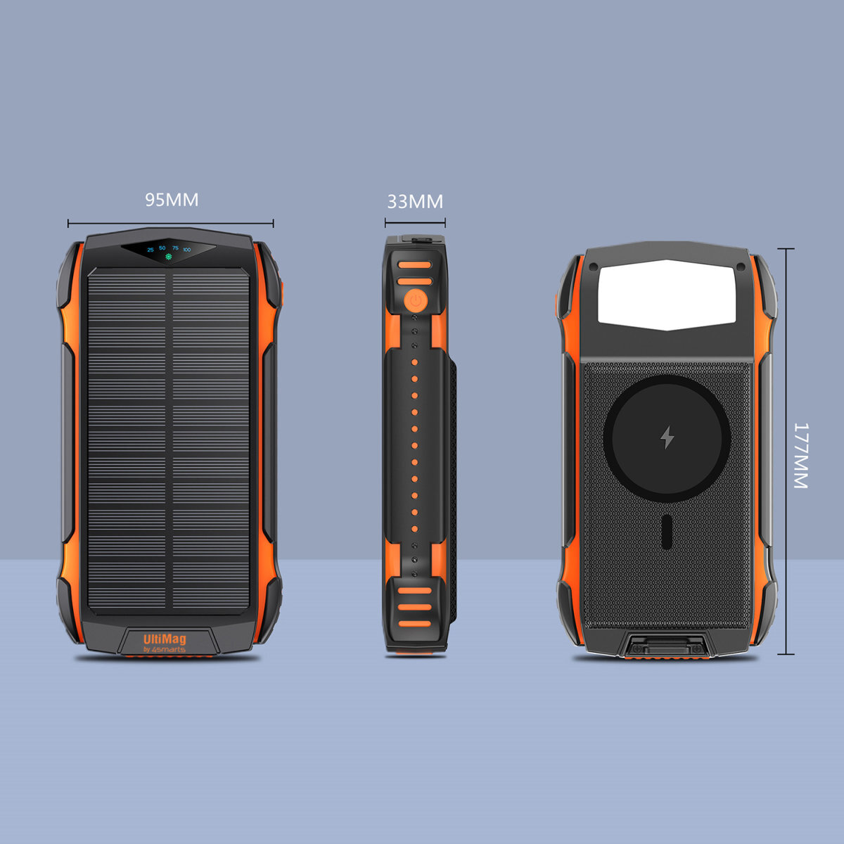 Solarladegerät mit den Maßen: 95 mm, 33 mm und 177 mm. Schwarz und orange.