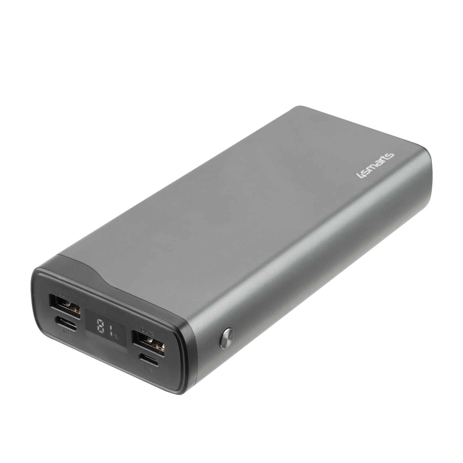 Un power bank grigio. Ha porte di uscita e ingresso, e uno schermo che mostra la carica.