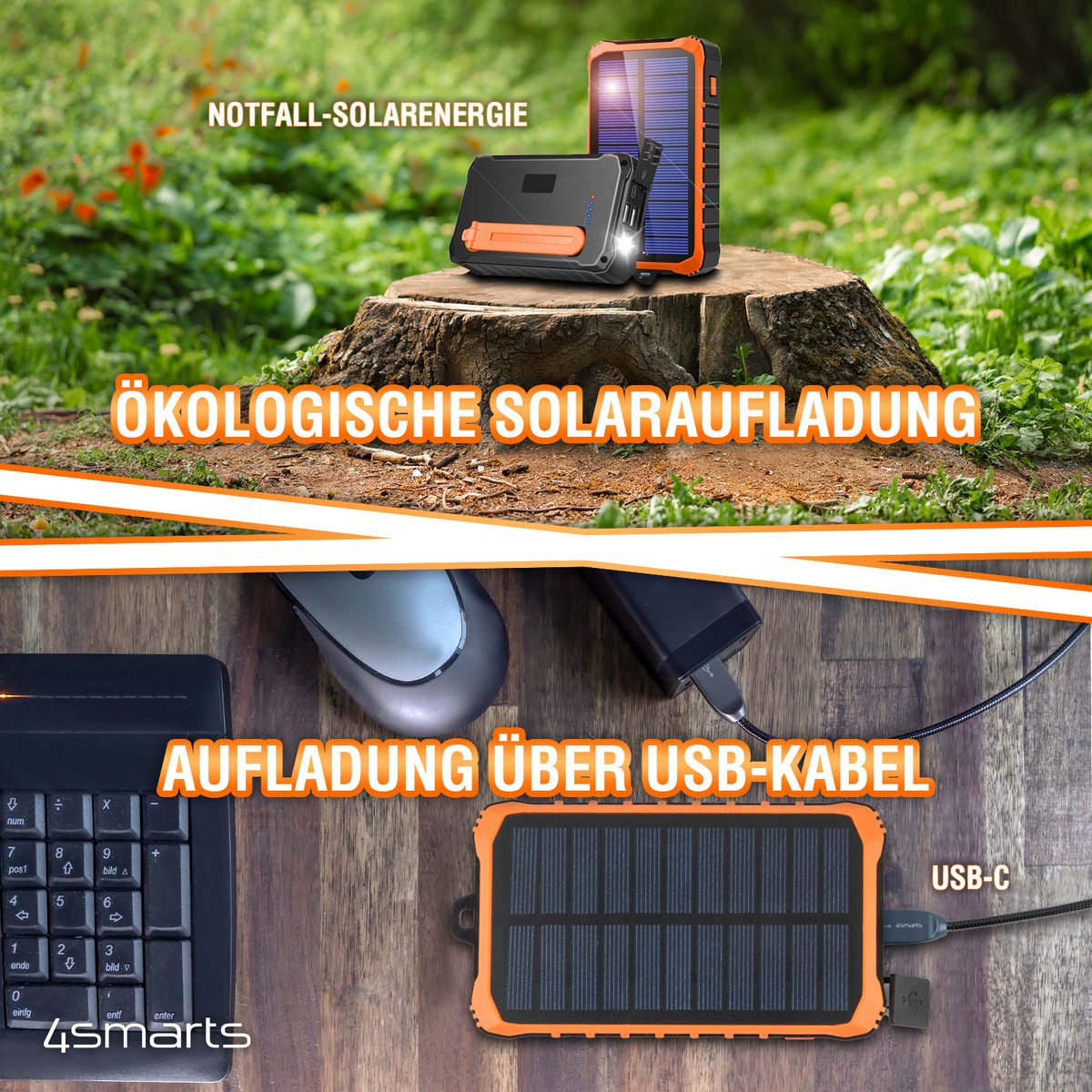 Schwarzes und oranges Solarpanel und Ladegerät auf einem Baumstumpf. Grüner Hintergrund.