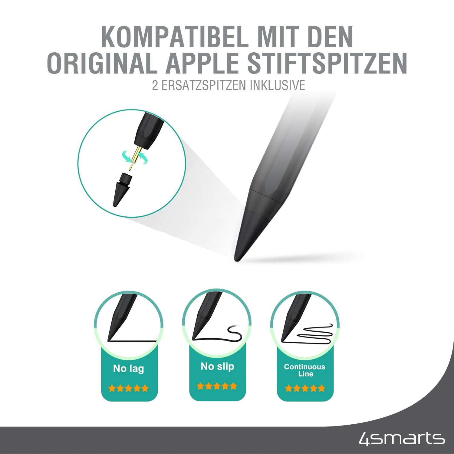Stift mit austauschbaren Spitzen, dargestellt mit Details zu keinem Lag, keinem Rutschen und kontinuierlicher Linienleistung.