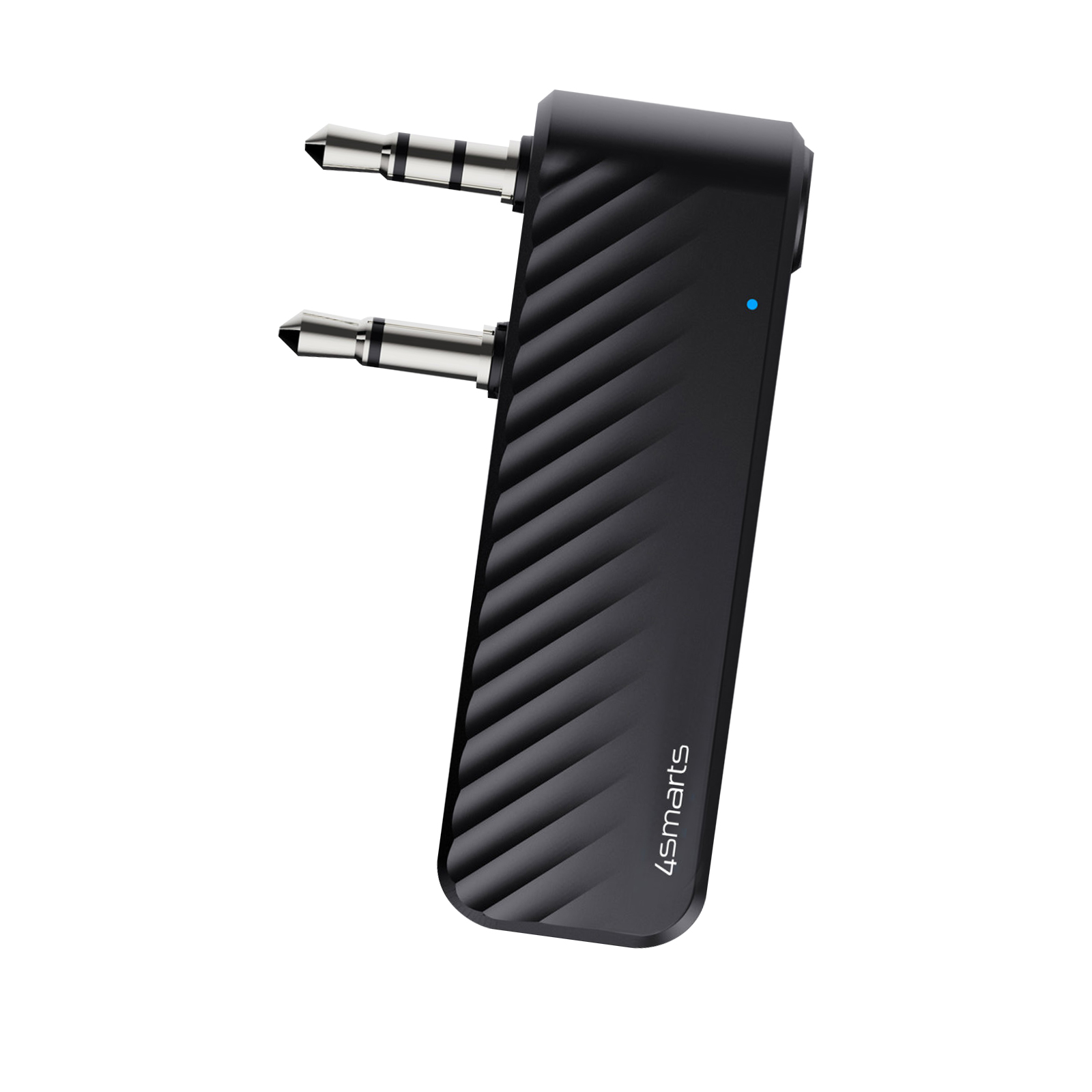 Schwarzer Audioadapter mit zwei 3,5-mm-Buchsen. Der Adapter ist schwarz mit dem Wort '4smarts'.
