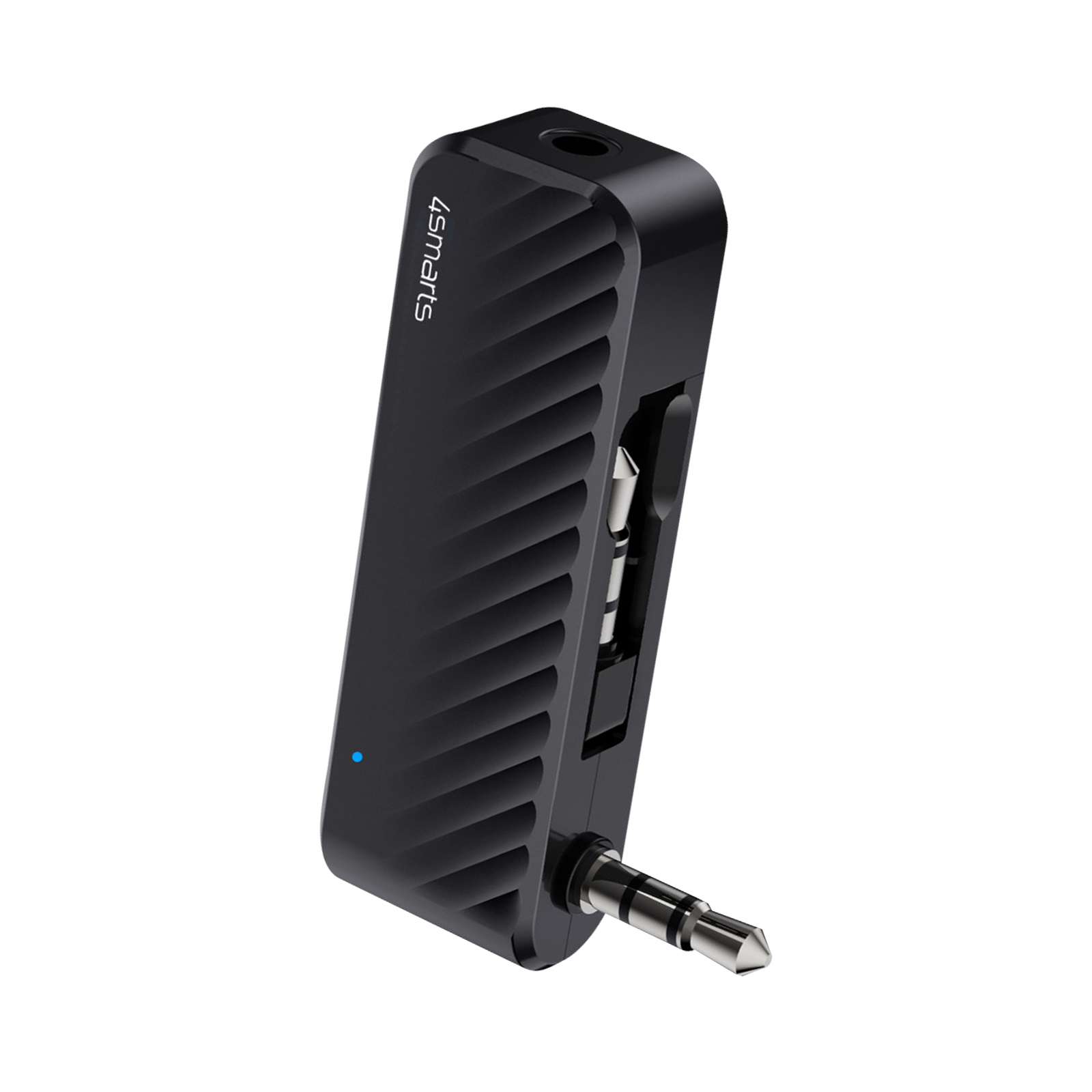 Ein schwarzer Audioadapter mit blauem Licht und Klinkenstecker.