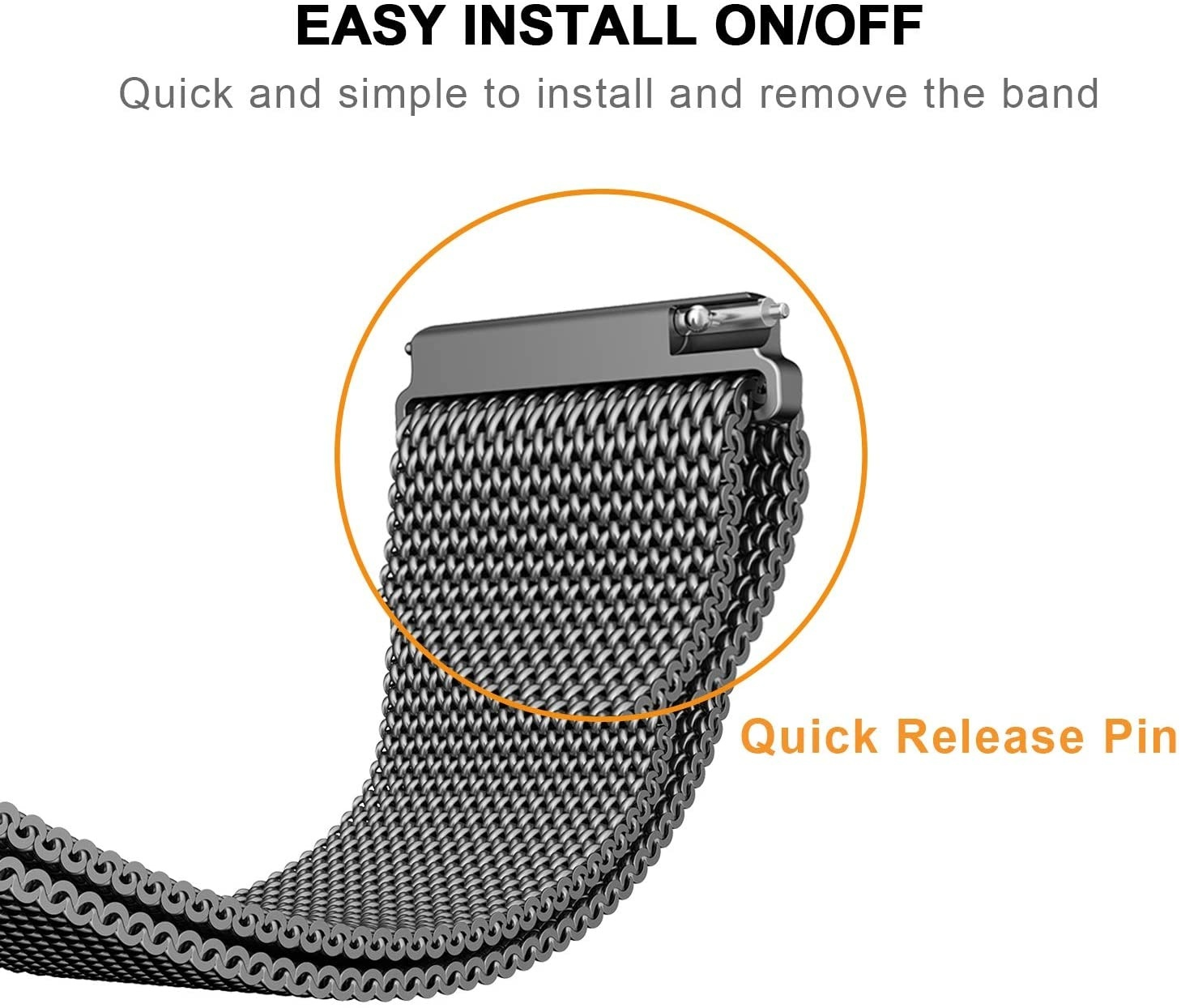 Nahaufnahme eines Uhrenarmbands. Metallgeflechtband mit einem Schnellverschlussstift, der in einem orangefarbenen Kreis hervorgehoben wird.
