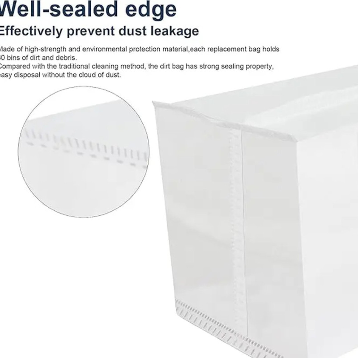 Biała torba z uszczelnioną krawędzią. Szczegół szwów. Białe tło.