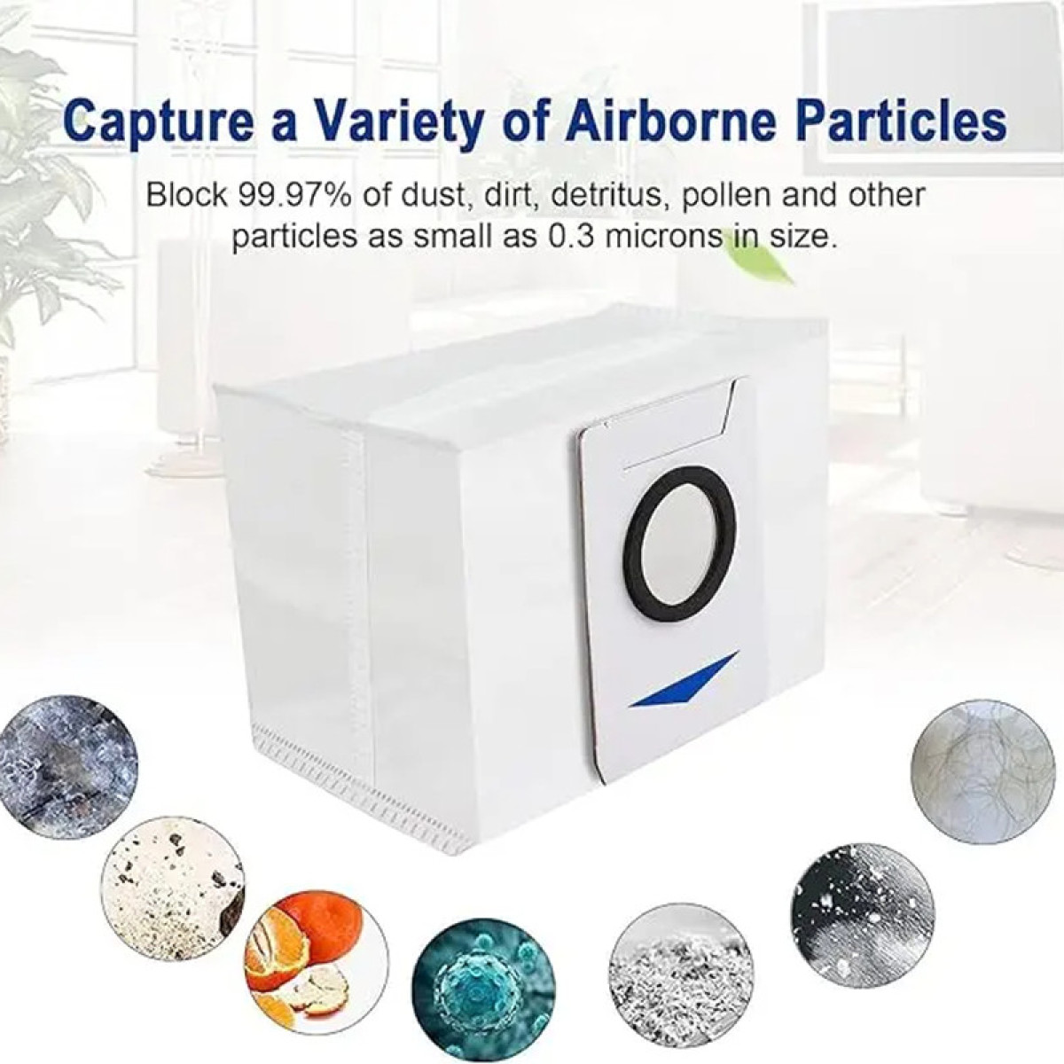 Biała torba filtra powietrza. Tekst: 'Chwytaj różne cząsteczki unoszące się w powietrzu', z różnymi ikonami cząsteczek.