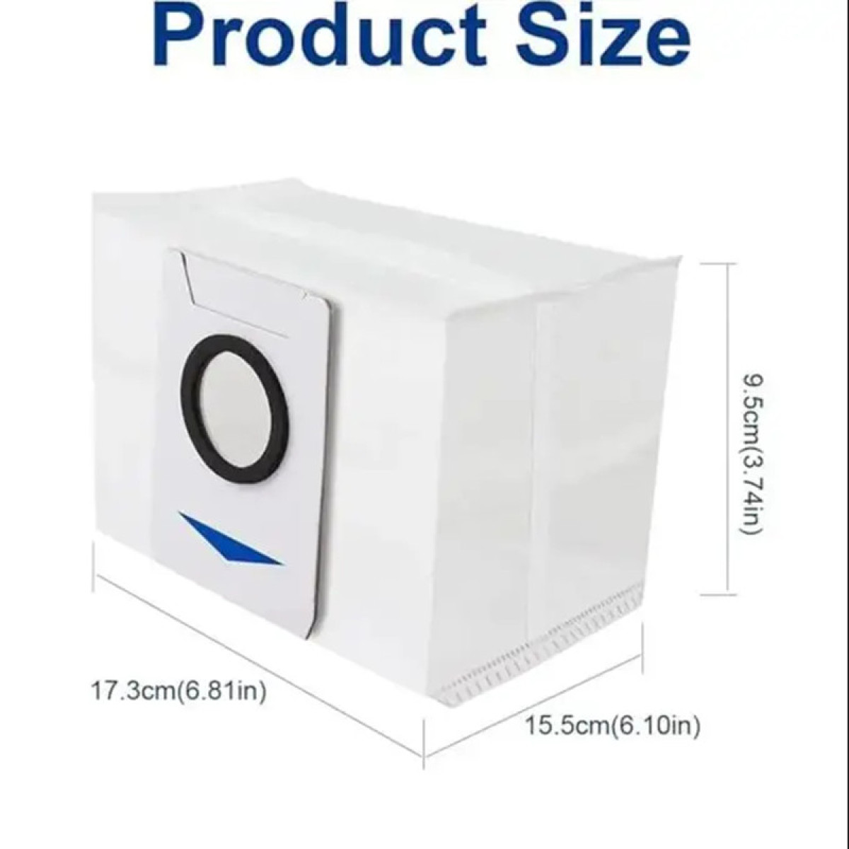 Biały worek do odkurzacza z wymiarami w cm i calach. Tekst 'Rozmiar produktu' u góry.