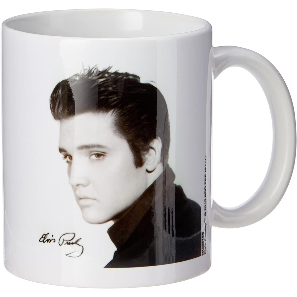 Weiße Tasse mit einem Schwarz-Weiß-Bild von Elvis Presley auf weißem Hintergrund.