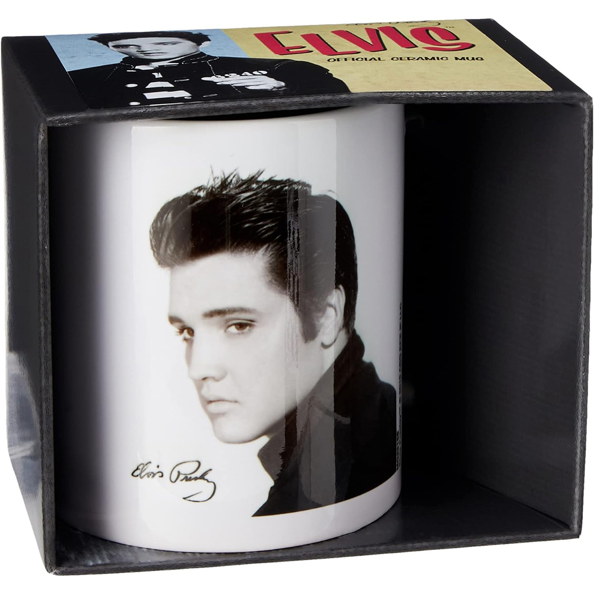 Elvis-Tasse in einer schwarzen Box. Auf der Tasse ist Elvis abgebildet. Die Box hat Elvis' Foto und die Worte 'Official Ceramic Mug'.