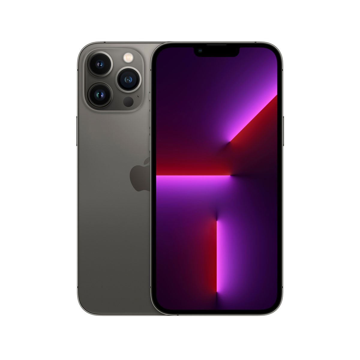 Smartfon z czarnym ekranem i trzema aparatami. Telefon jest szary.