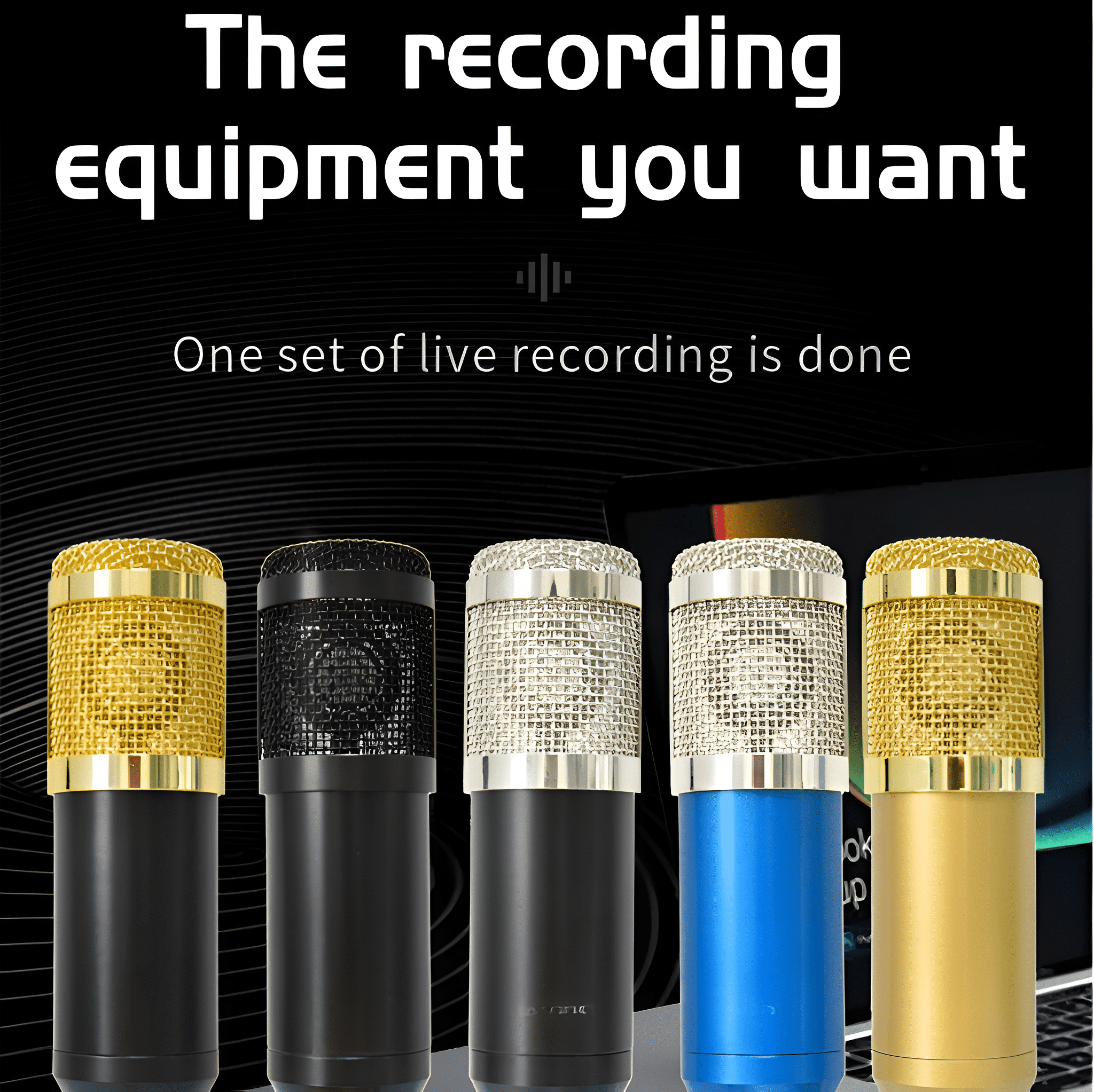 Mikrofone in verschiedenen Farben, Gold, Schwarz, Blau und Silber, auf schwarzem Hintergrund.