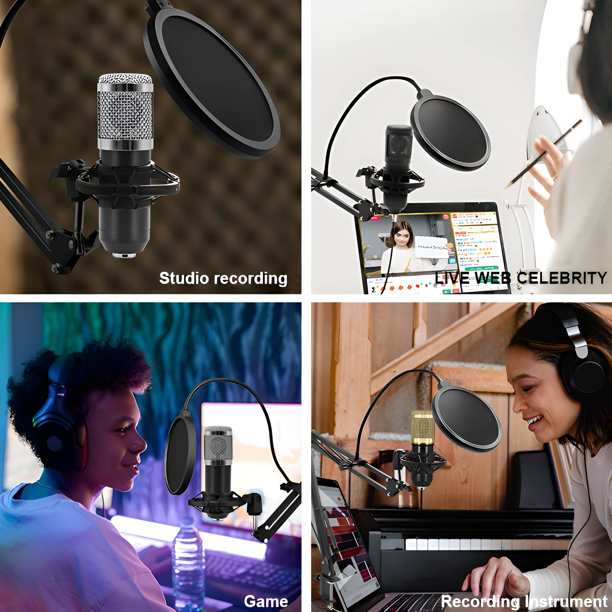 Vier Bilder mit Mikrofonen in verschiedenen Umgebungen: Studioaufnahme, Live-Web-Prominente, Spiel und Aufnahmeinstrument.