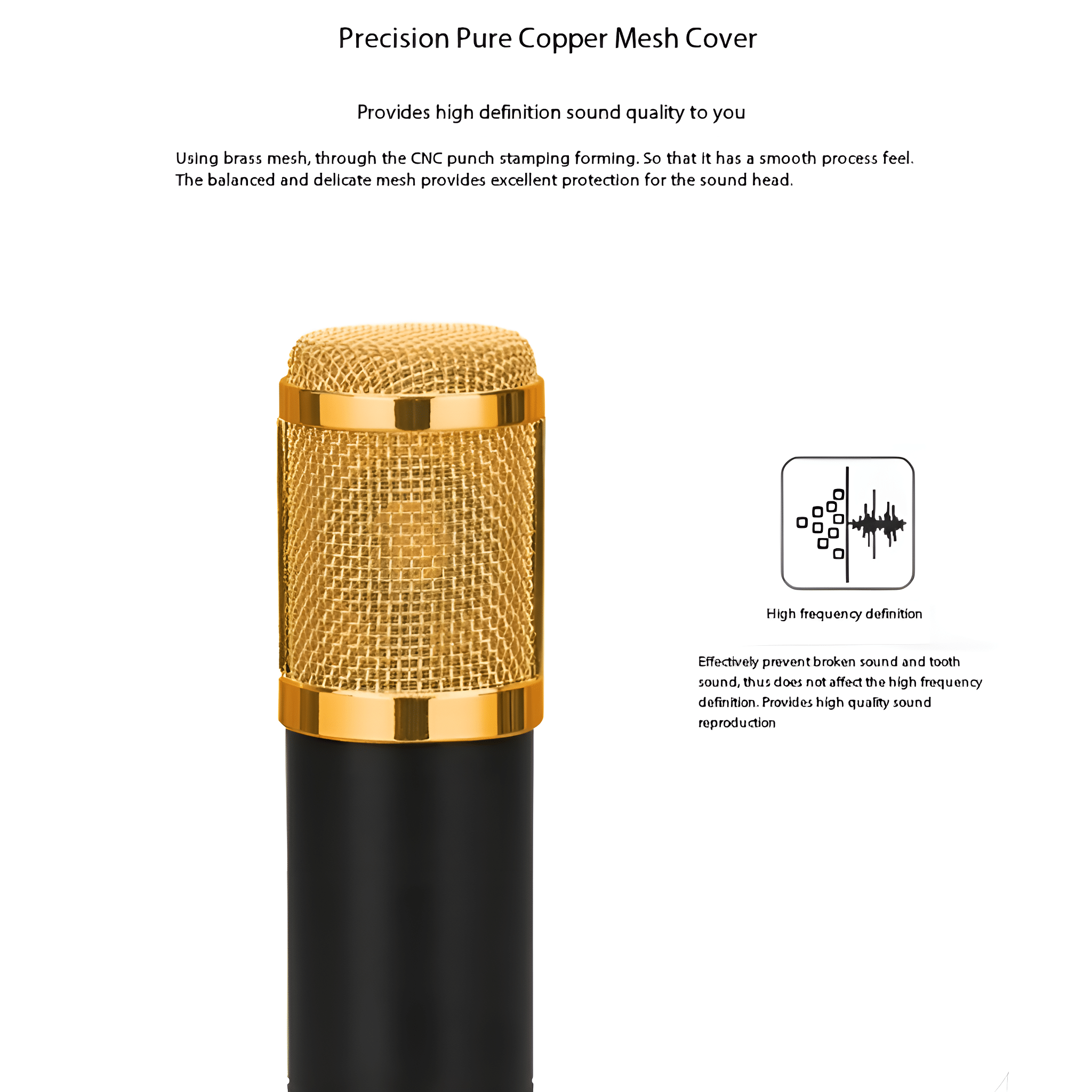 Ein gold-schwarzes Mikrofon mit einem Mesh-Cover.