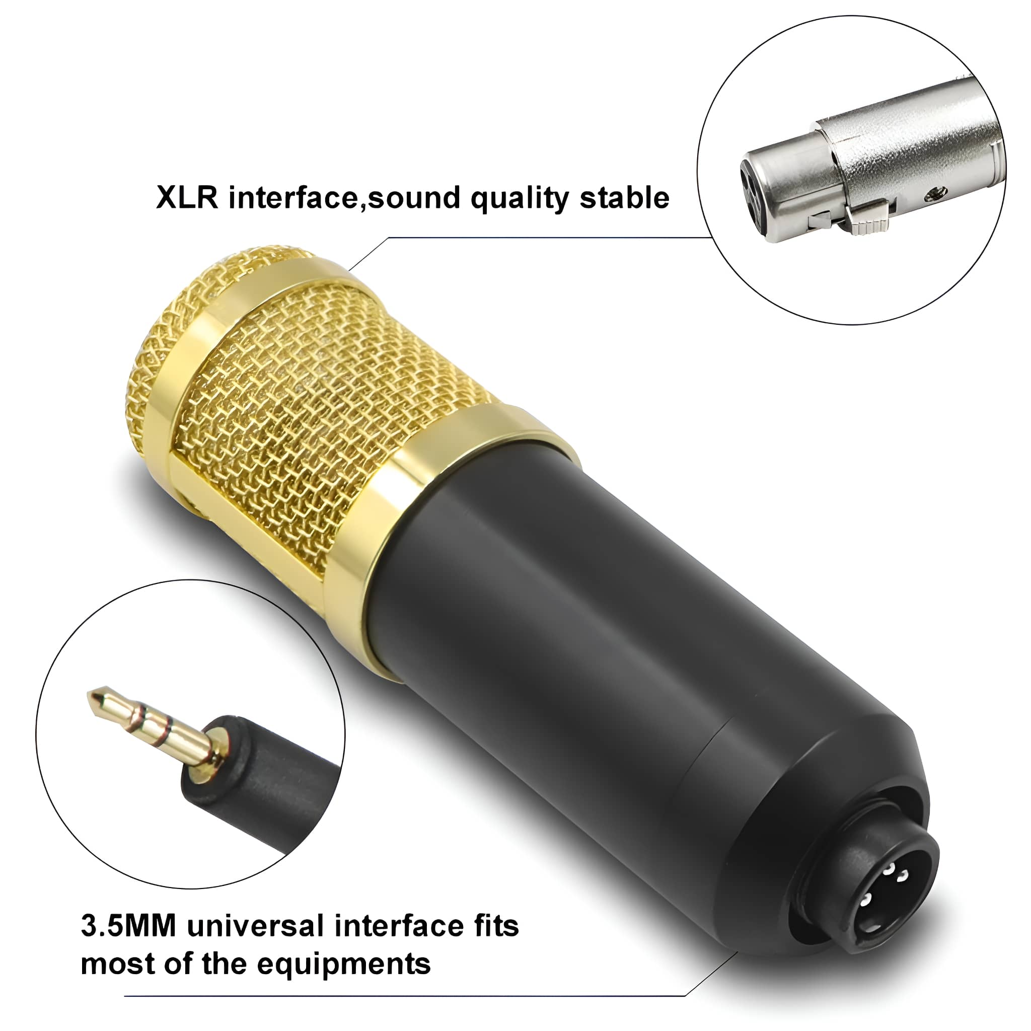 Ein schwarzes und goldenes Mikrofon mit 3,5-mm-Schnittstelle, XLR-Schnittstelle und Diagramm der Teile.