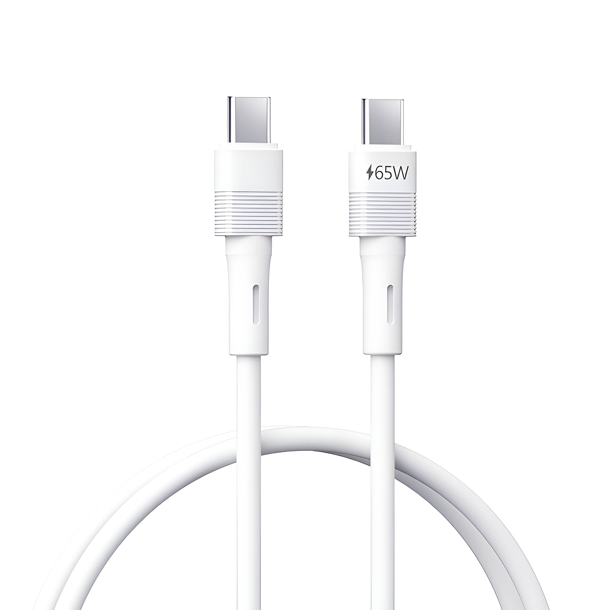 Zwei weiße USB-C-Kabel mit 65W-Text auf dem Stecker, vor weißem Hintergrund.