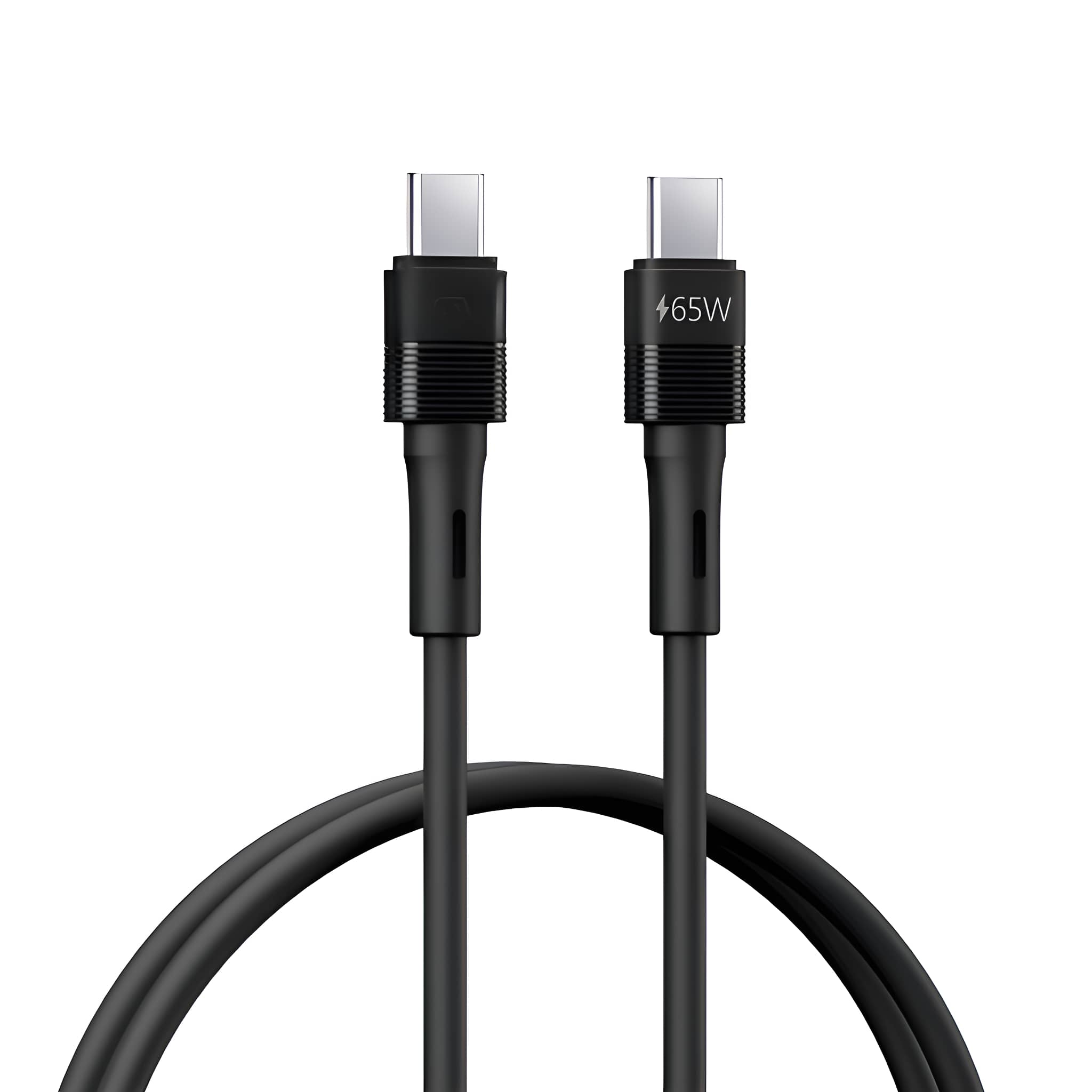 Schwarzes USB-C-Ladekabel mit zwei USB-C-Anschlüssen. Isoliert auf weißem Hintergrund.